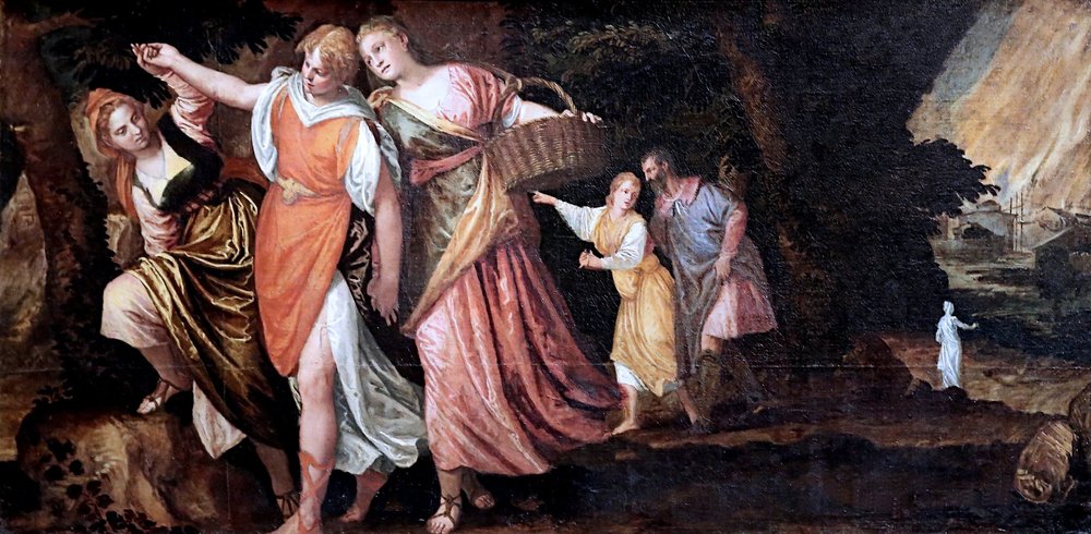   Lot and his daughter flee from Sodom  (circa 1585) by Paolo Caliari (called Veronese and workshop),  Kunsthistorisches Museum Vienna , Austria. Painting on canvas; 138.5 × 282 × 2.8 cm. Photo:  Jean Louis Mazieres , 2014 