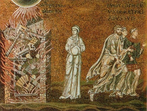   Lot transformed into a statue of salt in front of burning Sodom  (12th century). Mosaic in the Cattedrale di Santa Maria Nuova di Monreale in the City of Palermo, Sicily, Italy. Source:  Public Domain  