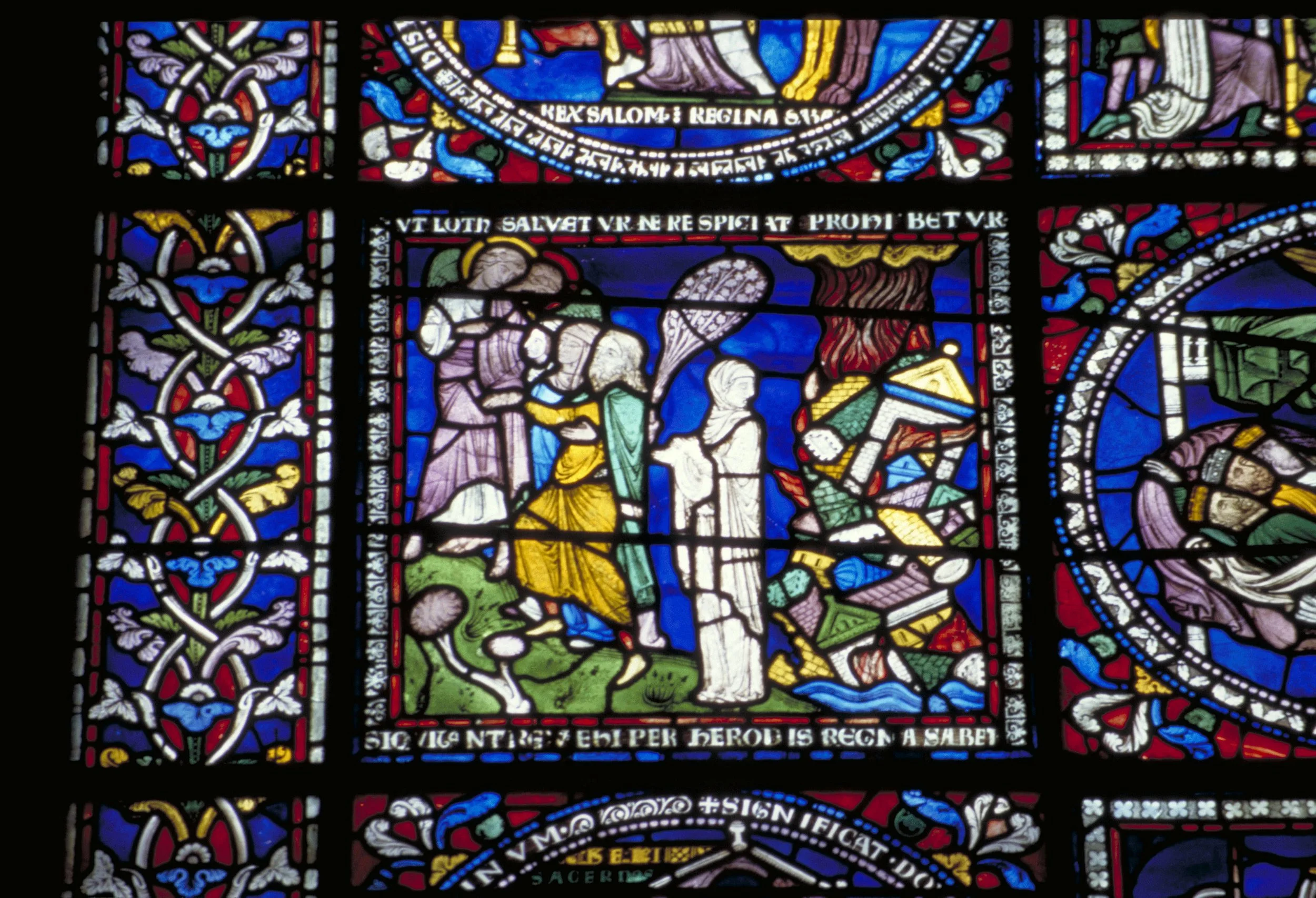 Canterbury Cathedral, Lot's Wife Turned into a Pillar of Salt  (c.1178), unknown artist. Detail of Second Typological Window, North Choir Aisle, n. XV, fourth register, Gothic stained glass, late 12th century, England. Including work by the Methuse