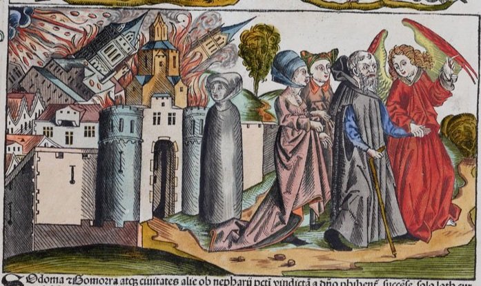   Lot leaving Sodom  (1493) by Michel Wolgemut and Wilhelm Pleydenwurff. Woodcut in the  Nuremberg Chronicle  (image 87, page 21r), with Lot's wife (center) already transformed into a pillar of salt. Source:  University of Cambridge Digital Library  