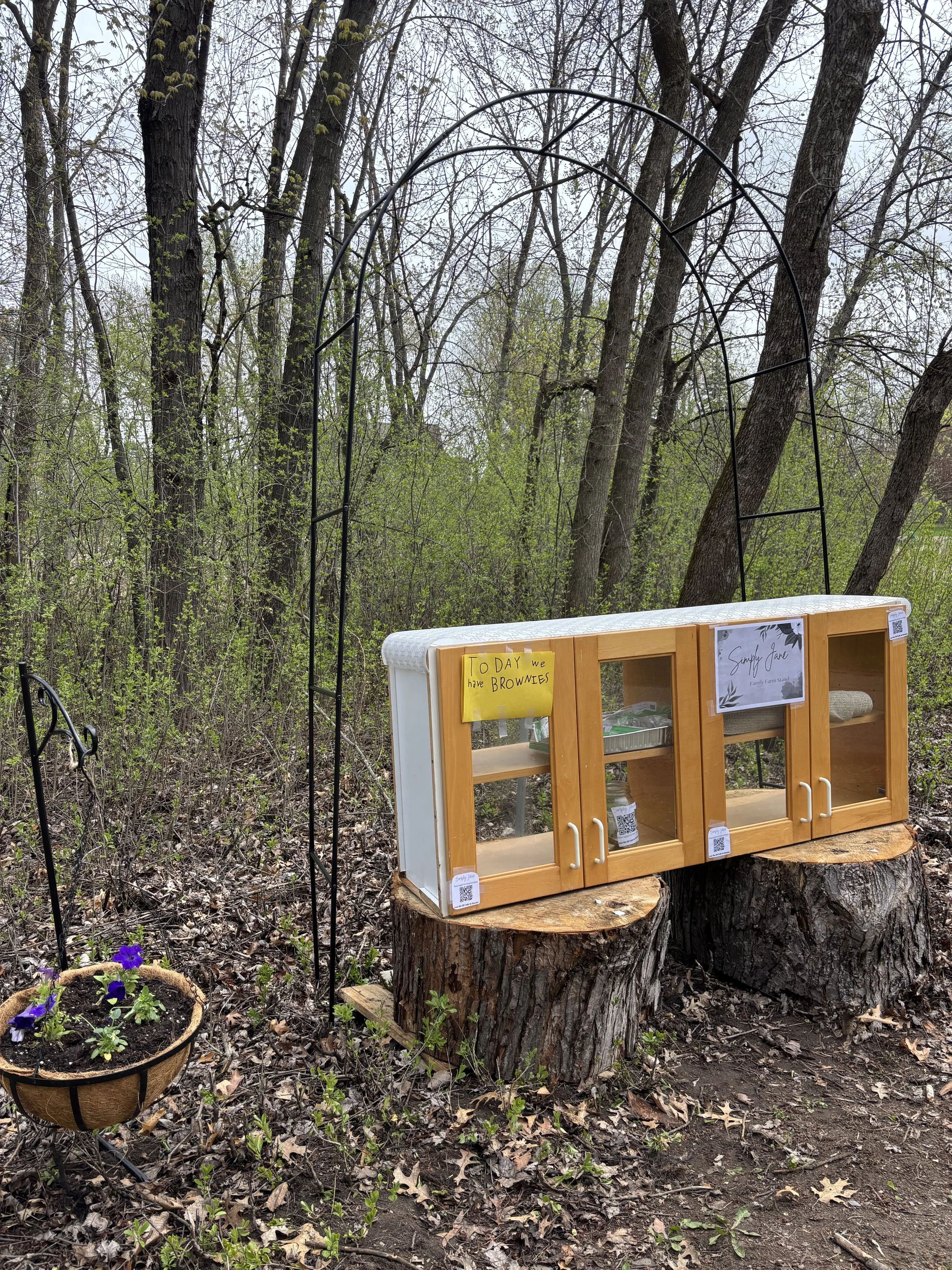 Family farm stand on logs
