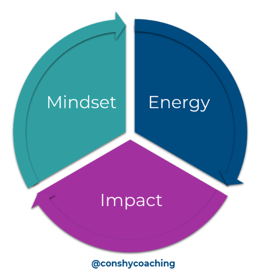 Pie chart with conshy coaching's mindset, energy, impact framework. each section of the pie is one element