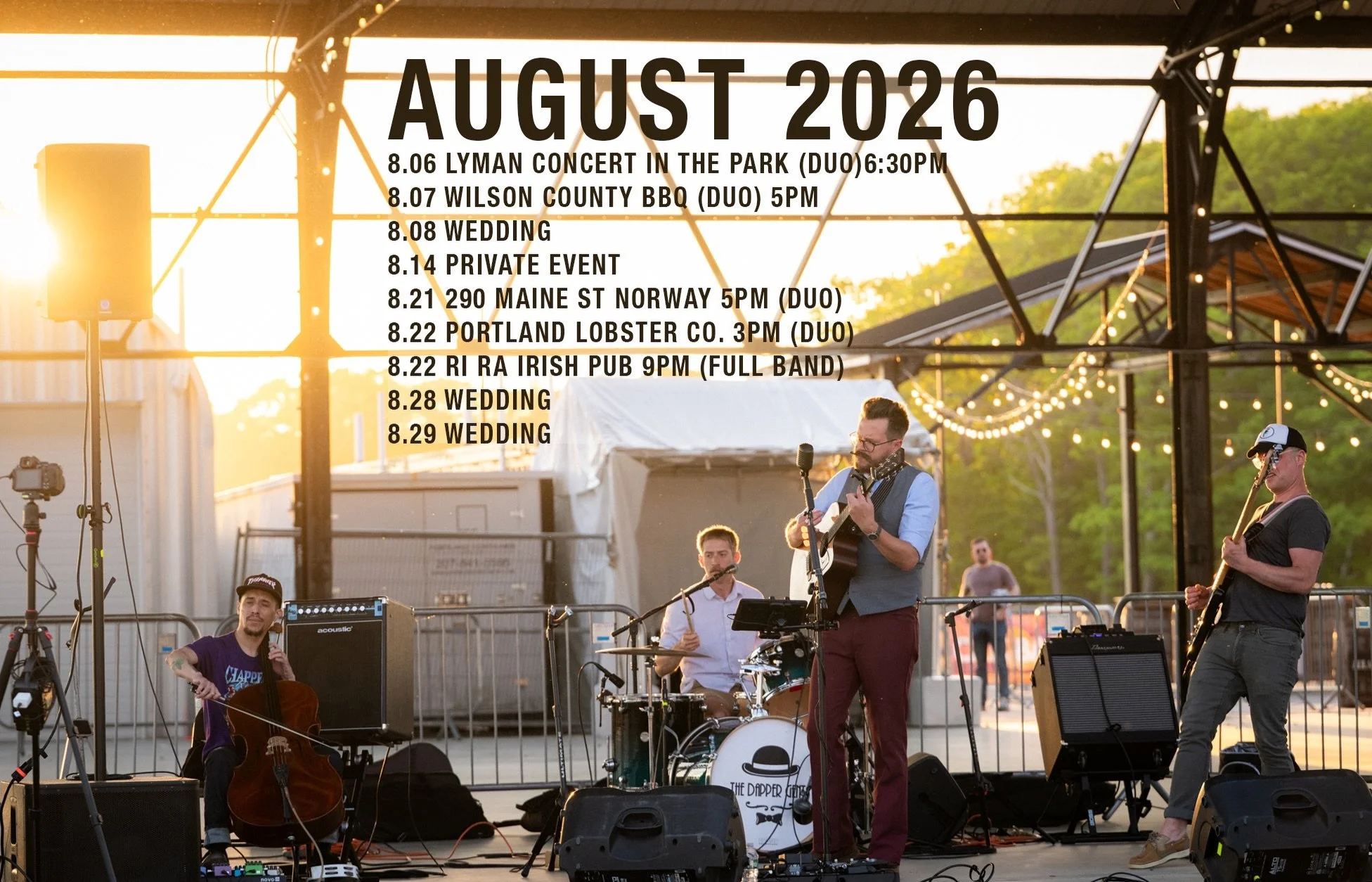 Summer is still here! Come see us at one of our public shows!

8.06 @lymancommunitylibrary (Duo) 6:30pm8.07 @wilsoncountybarbecue (Duo) 5pm8.21 @290mainestreet 5pm (Duo)8.22 @portlandlobstercompany 3pm (Duo)8.22 @riraportland 9pm (Full band)

📸?
