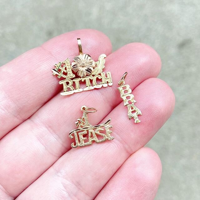 I love serious, formal gold jewelry...but I love sassy, ridiculous gold jewelry even more! 💖

All of these cheeky cuties are made of solid 14k yellow gold.

Two of these three pendants/charms sold before I could even post this - but the &ldquo;brat&