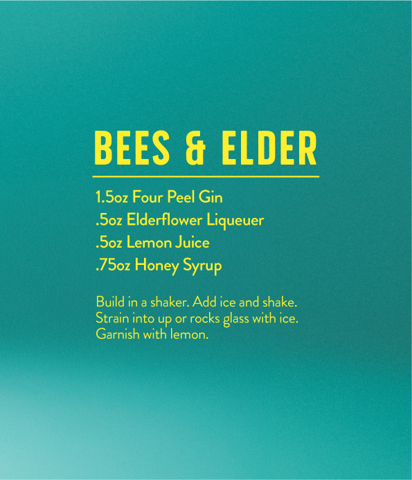 Recipe for Bees & Elder cocktail including gin, elderflower liqueur, lemon juice, honey syrup, with instructions to build in a shaker, add ice, strain into glass, and garnish with lemon.