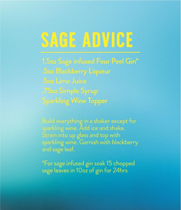 A recipe for Sage Advice cocktail with ingredients listed in yellow text on a blue background.