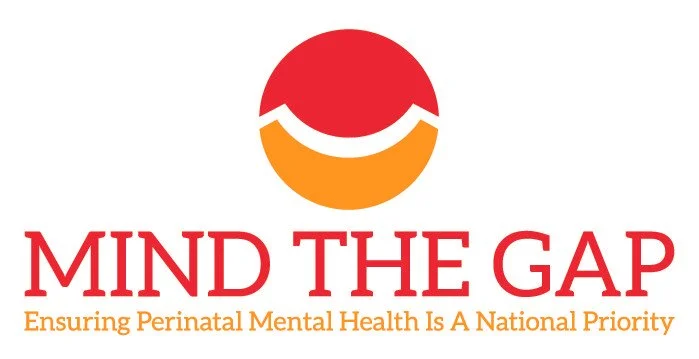 Logo with a red, white, and orange circular design and the text 'MIND THE GAP' in bold red letters, followed by the slogan 'Ensuring Perinatal Mental Health Is A National Priority' in orange.