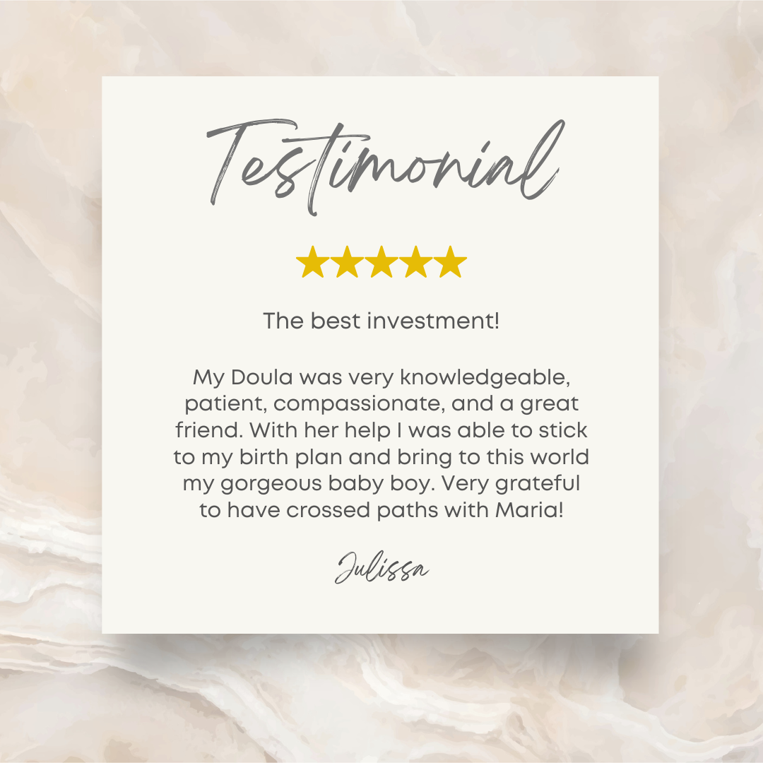 A digital testimonial with a 5-star rating, written in elegant black cursive and modern grey fonts, on a textured beige marble background. Contains personal gratitude for Doula support, signed by Julissa.