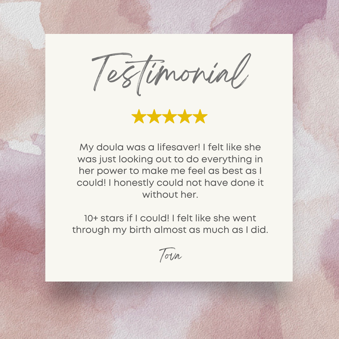 A watercolor-textured background with a white square in the center containing a testimonial with five gold stars, written in black and gray cursive and serif fonts. The testimonial praises a doula.