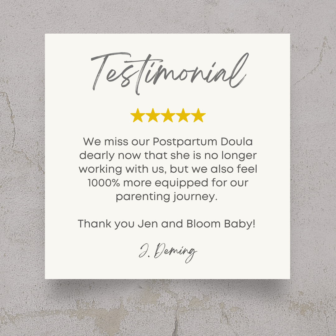 A testimonial card with five yellow stars, expressing gratitude for a post-partum doula, on a textured beige background.