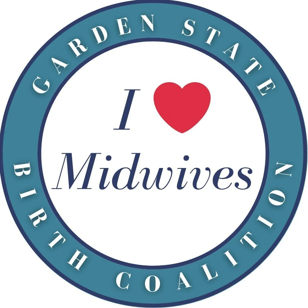 A circular logo with a blue border that says "GARDEN STATE BIRTH COALITION". Inside, it has the phrase "I ♥ Midwives" with a red heart symbol.