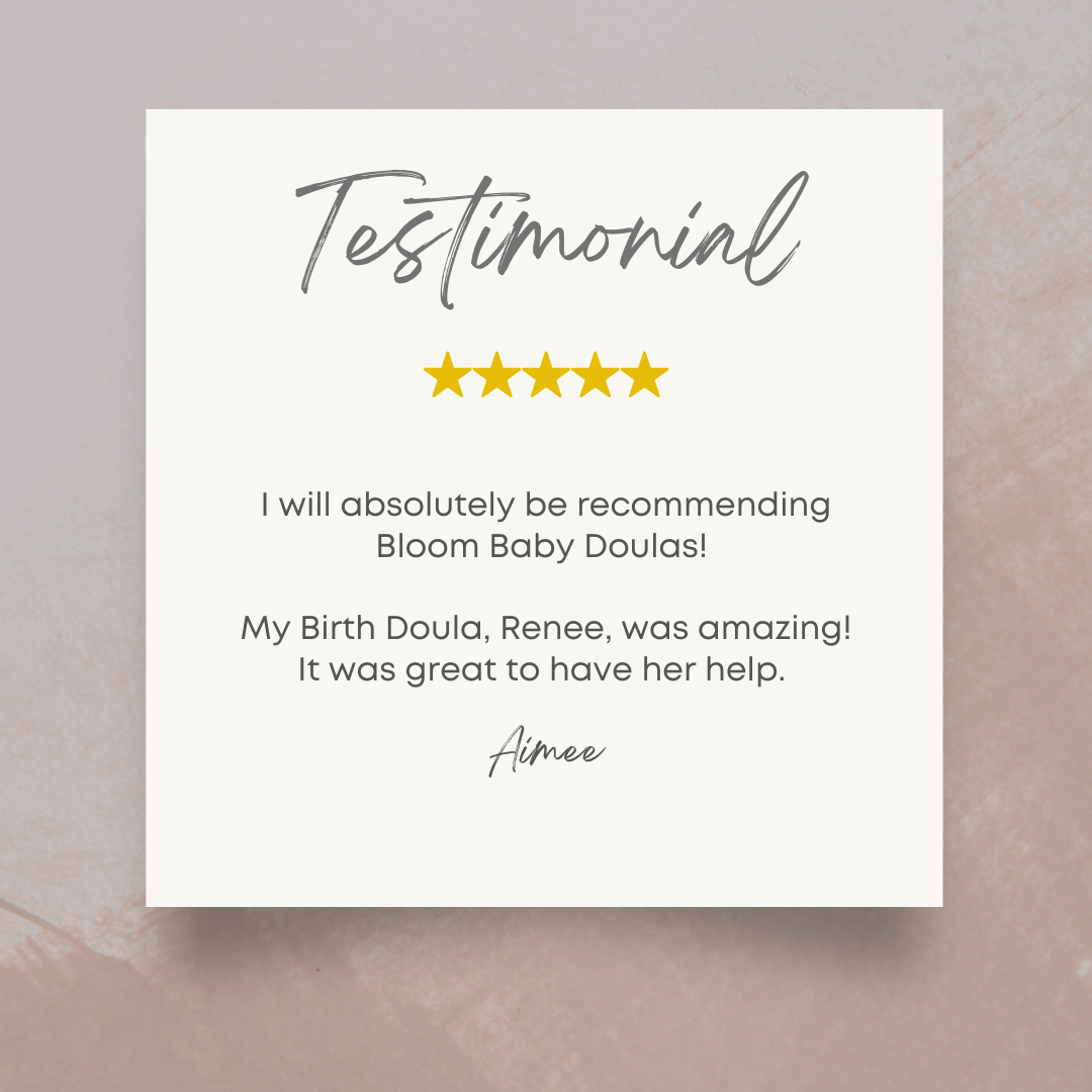 Testimonial card with five gold stars and text praising Bloom Baby Doulas and Renee, signed by Aimee.