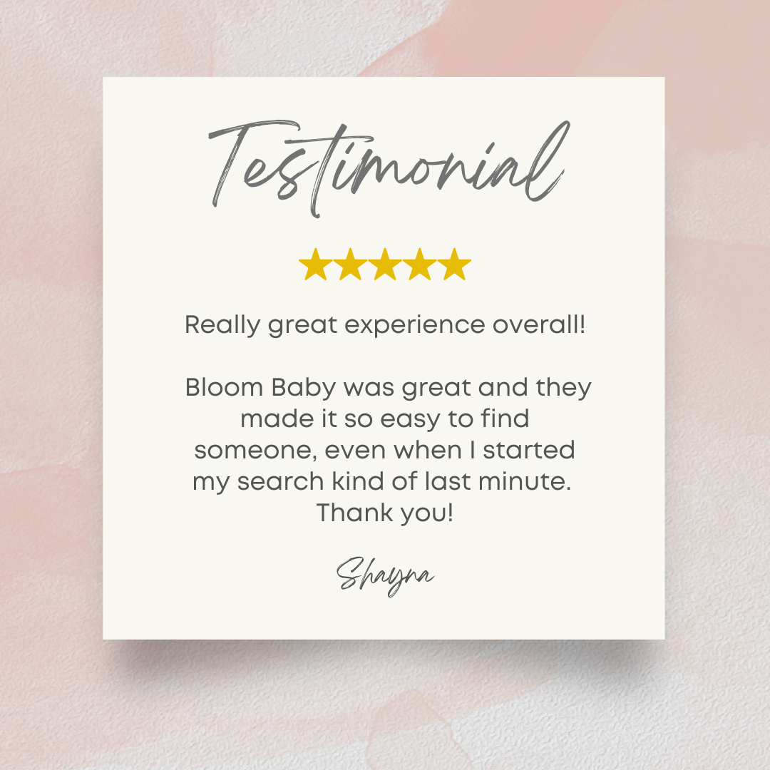 Testimonial card with four gold stars, background with soft pink and beige watercolor textures, and the text 'Testimonial' in script font with a positive review about Bloom Baby, signed by Shayna.