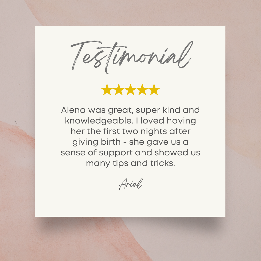 Testimonial card with five star rating and a positive review about Alena providing support after childbirth, signed by Ariel.