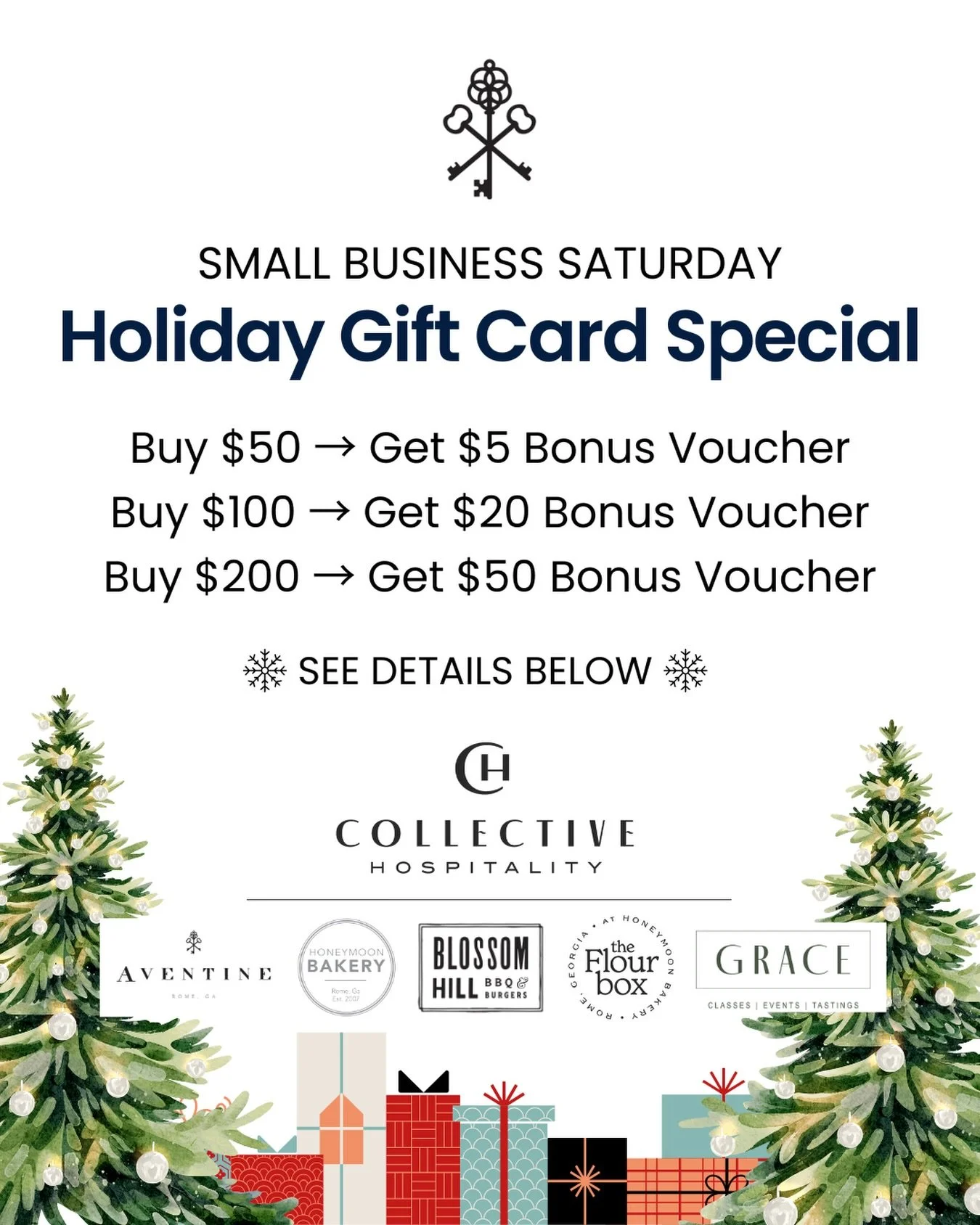 Shop small, get a bonus - this Saturday (11/29)! 💌 

🎁Buy $50 Get $5 Voucher
🎁Buy $100 Get $20 Voucher
🎁Buy $200 Get $50 Voucher

Available with in-store and digital gift card purchases. Redeemable at Aventine, @honeymoonbakery, and @blossomhillb