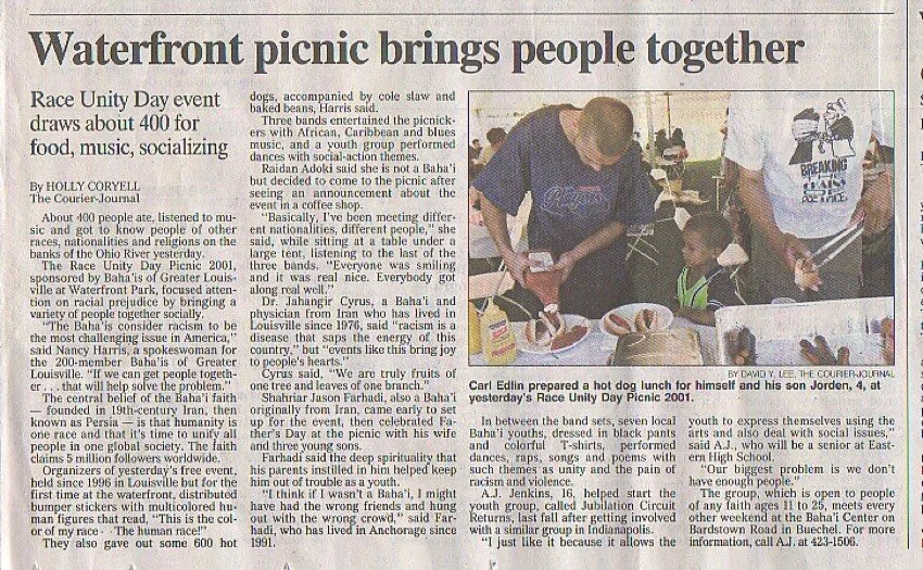 Louisville Courier-Journal covered Race Unity Day 2001, sponsored by the Bahá'ís.