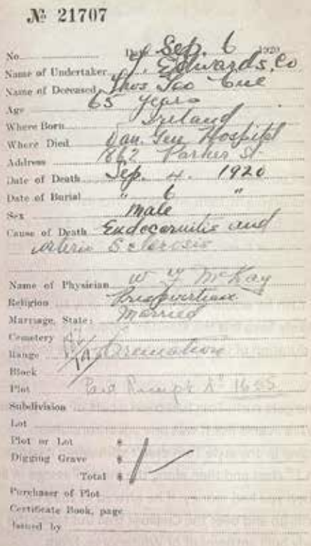 Tom Cue’s death certificate shows that he died from inflammation of the inner lining of the heart and hardening of the arteries. He lived his last days in Vancouver a long way from the heat and dust of the Australian goldfields. His wife, Eugene, an…