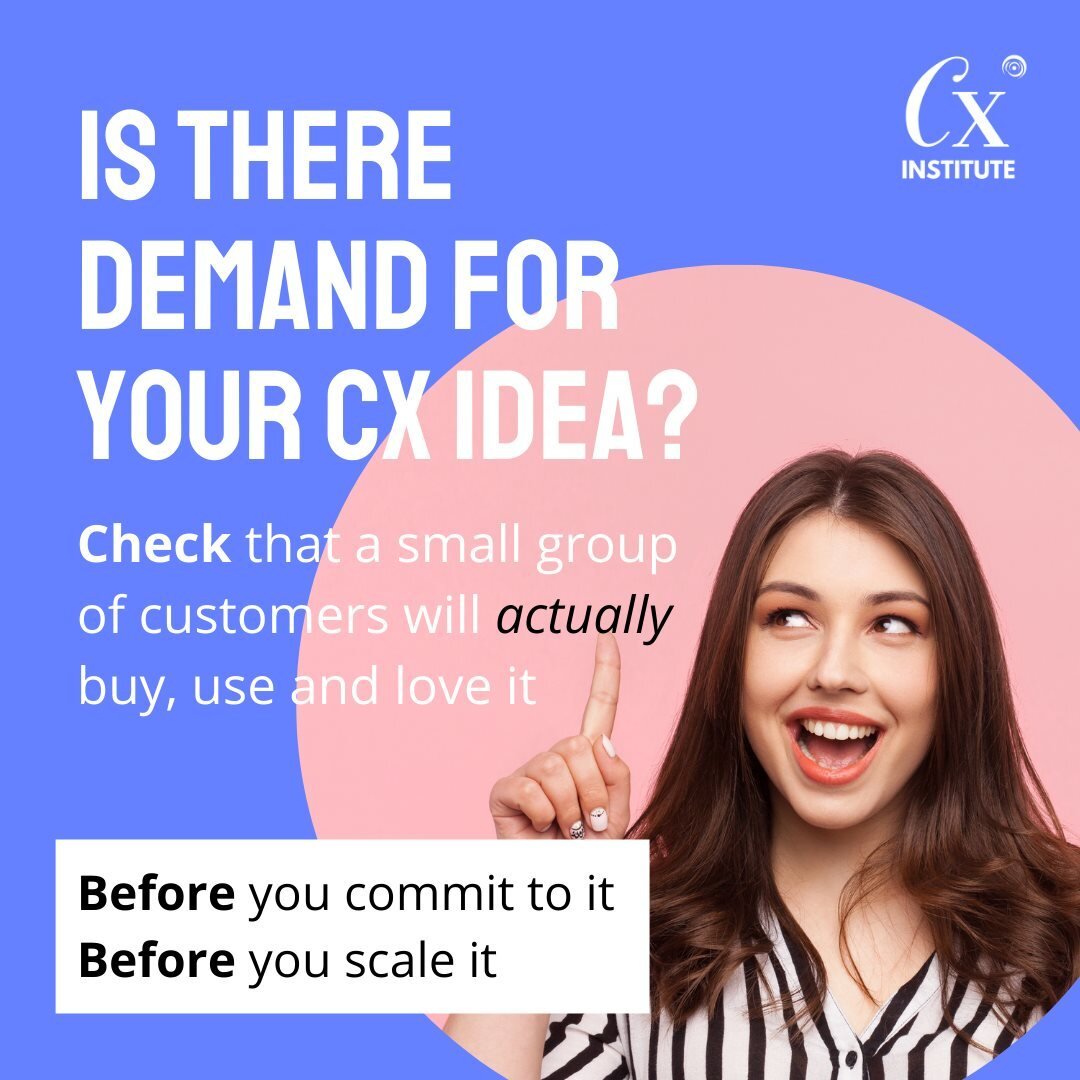 Is there demand for your CX Idea? Check that a small group of customers will actually buy, use and love it. Before you commit to it. Before you scale it. Test a prototype of your product or service. Get your first sales. Learn from your customers how