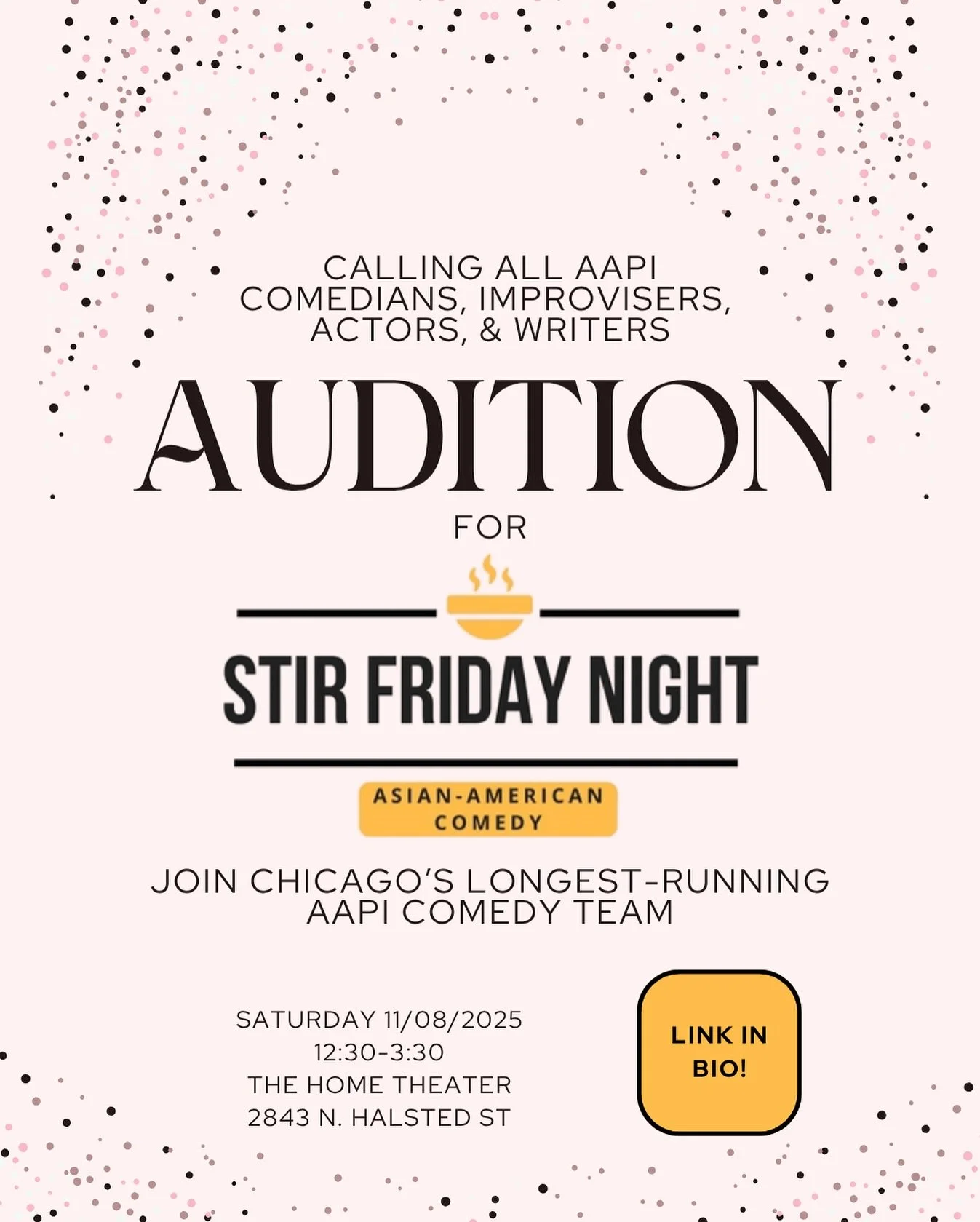 We interrupt our regular SFN 30th Anniversary Show posting to let you all know, auditions are HAPPENING for Stir Friday Night!

link to sign up in bio!

Make sure to read all the detailed instructions in the sign up genius!

Questions? Comment, dm, o