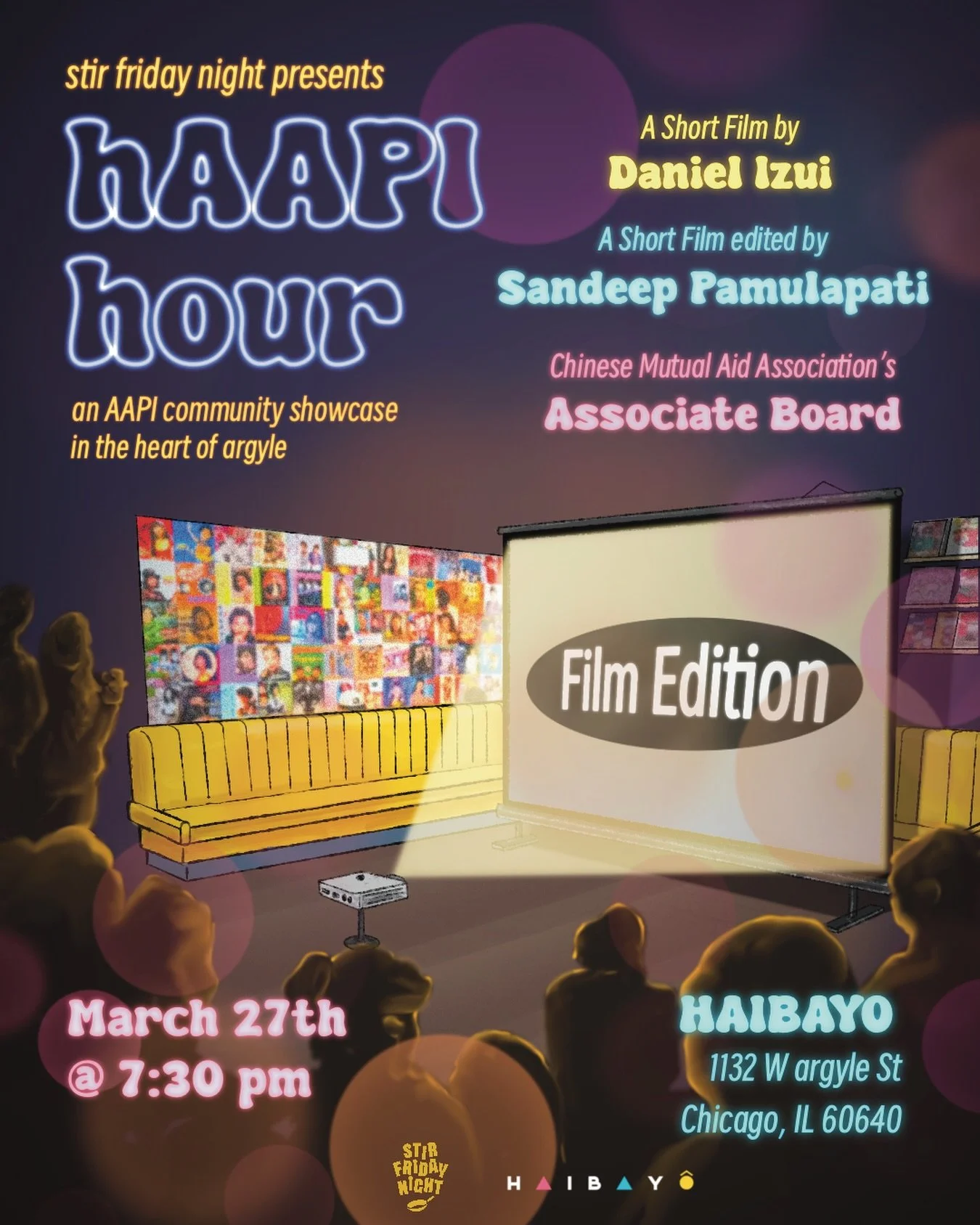 Announcing the line up for our Friday, 3/27 
show! FILM EDITION 

A short film by @kojithesquirrel 
A short film edited by @saaaan.deep 
AAPI Community Highlight @cmaachicago @cmaa.associateboard 
Tickets still available on our website and link in bi