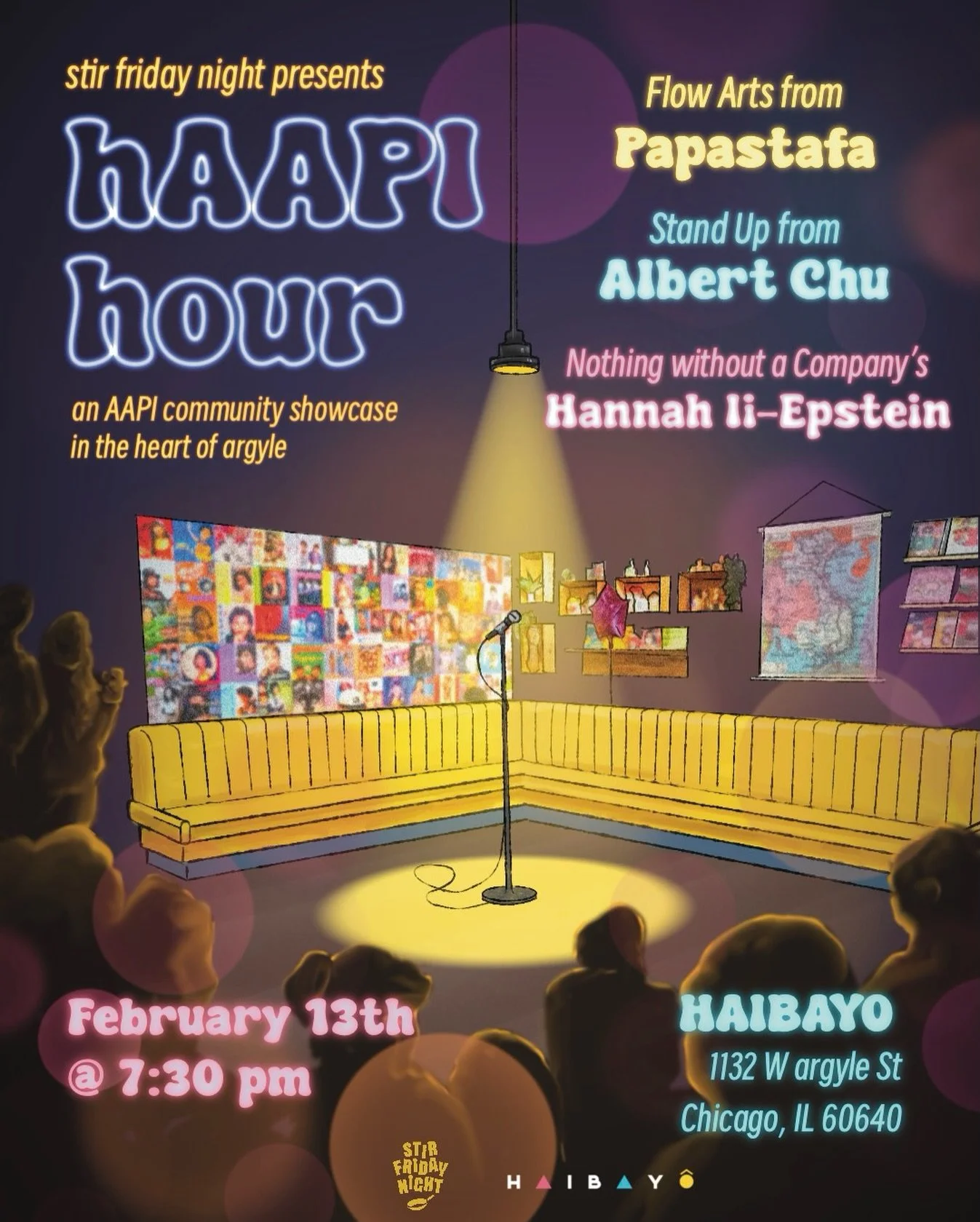 Announcing the line up for our Friday, 2/13 show!

Flow Arts from @papastafa 
Stand Up from @albertochu88 

AAPI Community Highlight
@nothingwithoutacompany Hannah Ii-Epstein

Tickets still available on our website and link in bio!

#thingstodoinchic