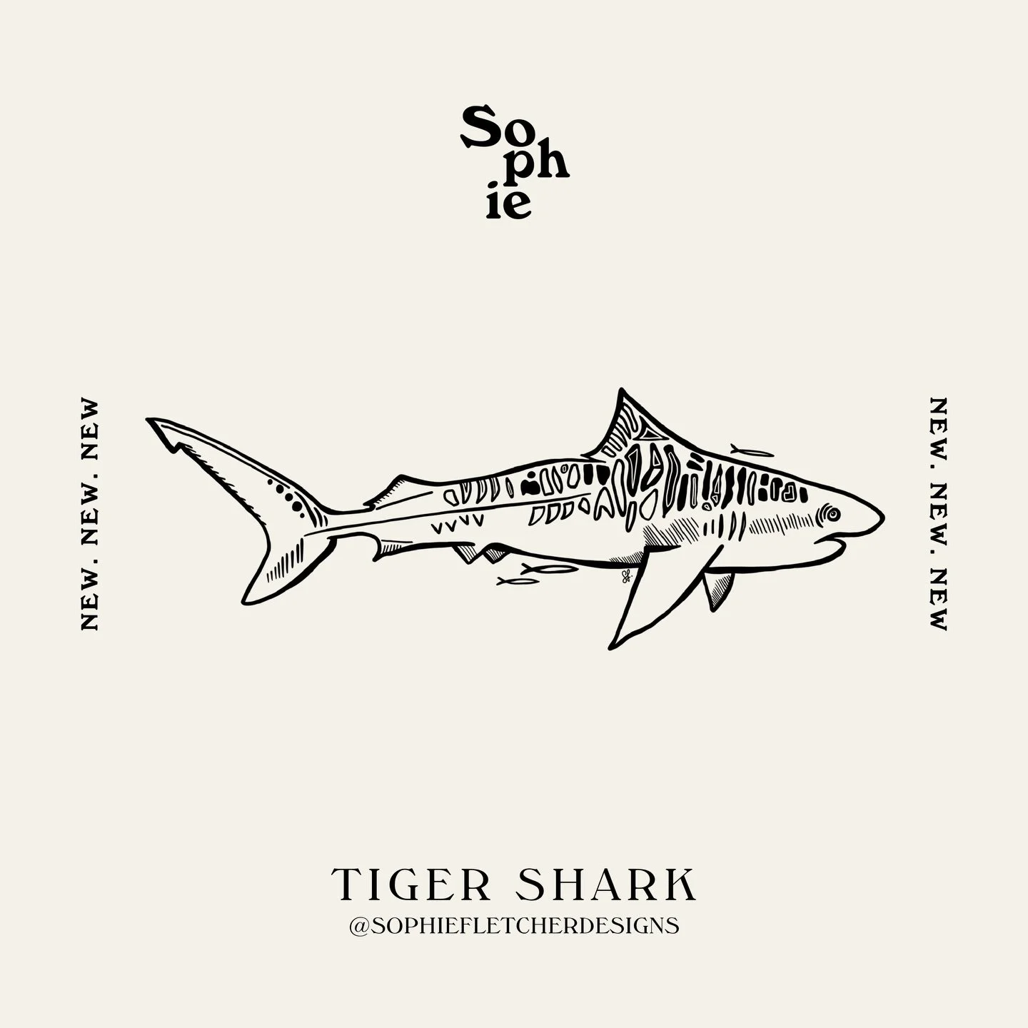 OUT NOW!! A wild take on a Tiger Shark- flowing, imperfert and full of character. Stickers, T-shirts and caps available online now.