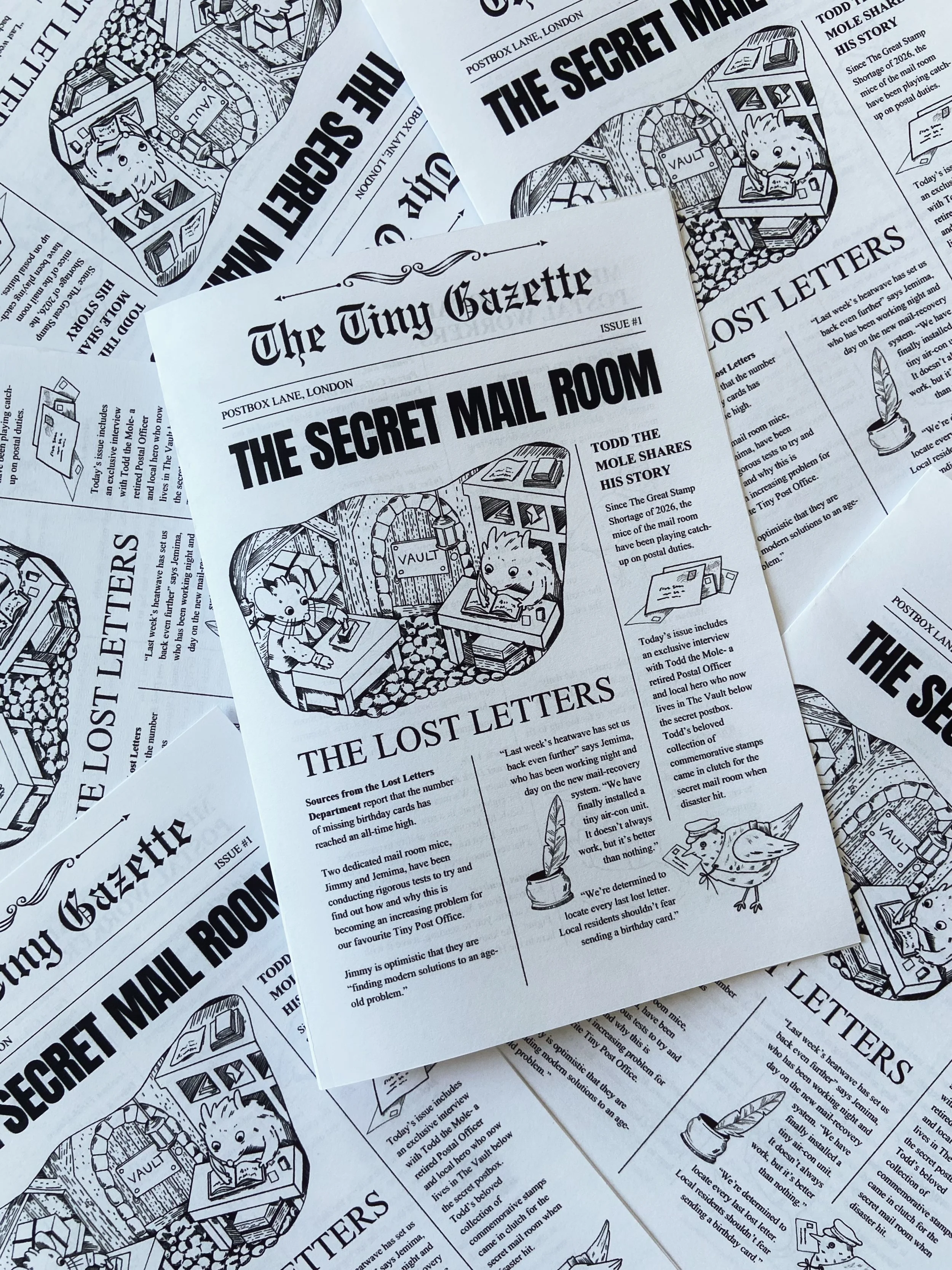 Multiple copies of a newspaper called 'The Tiny Gazette' with a comic-style illustration of a mouse and a bird in a mail room surrounded by boxes, a vault, and various mail items.