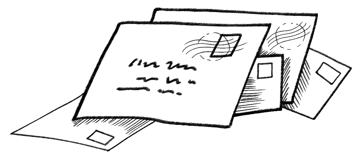 Stack of postal envelopes with handwritten addresses and stamps.