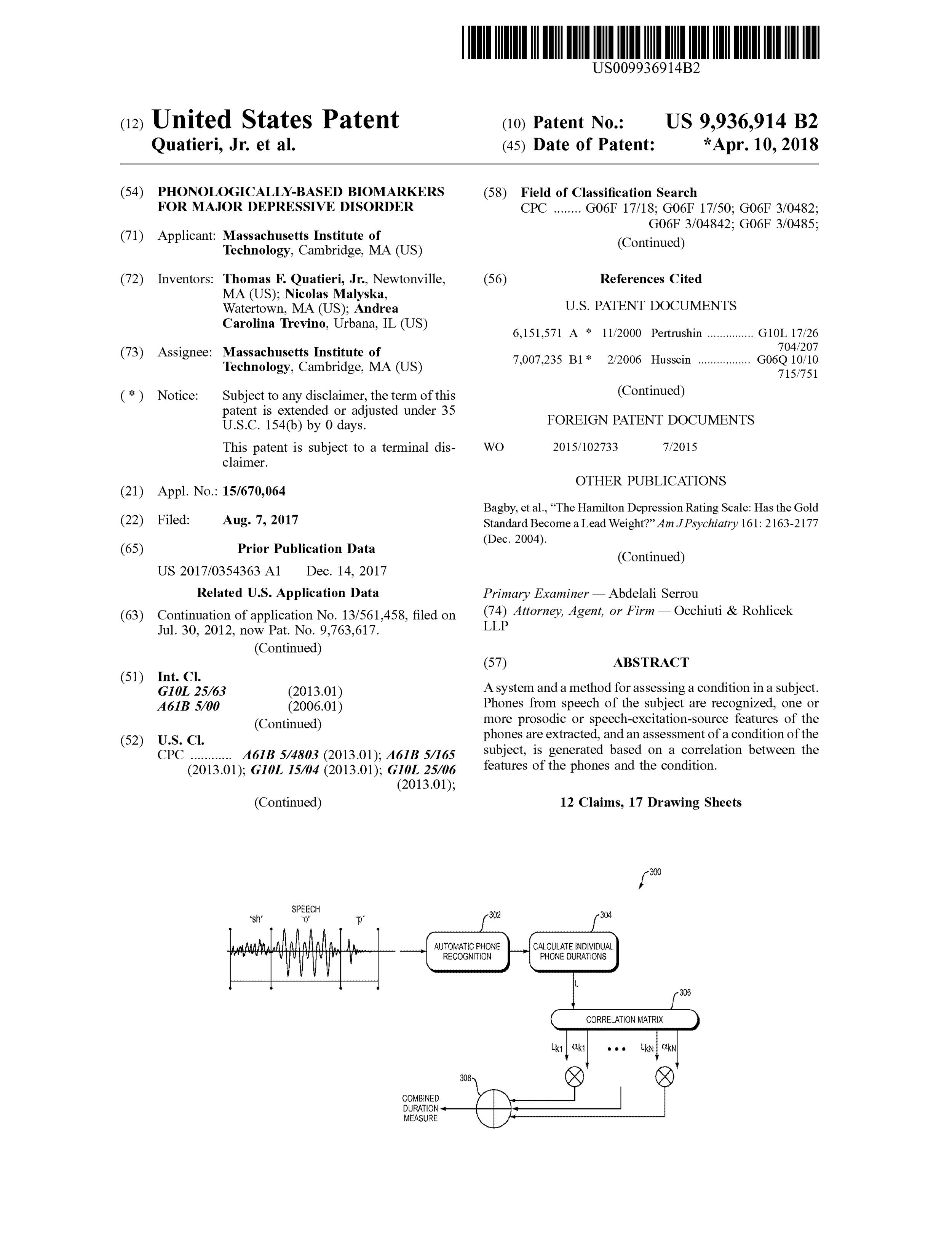 United States Patent #9936914B2 Phonologically-based biomarkers for major depressive disorder (Issued)