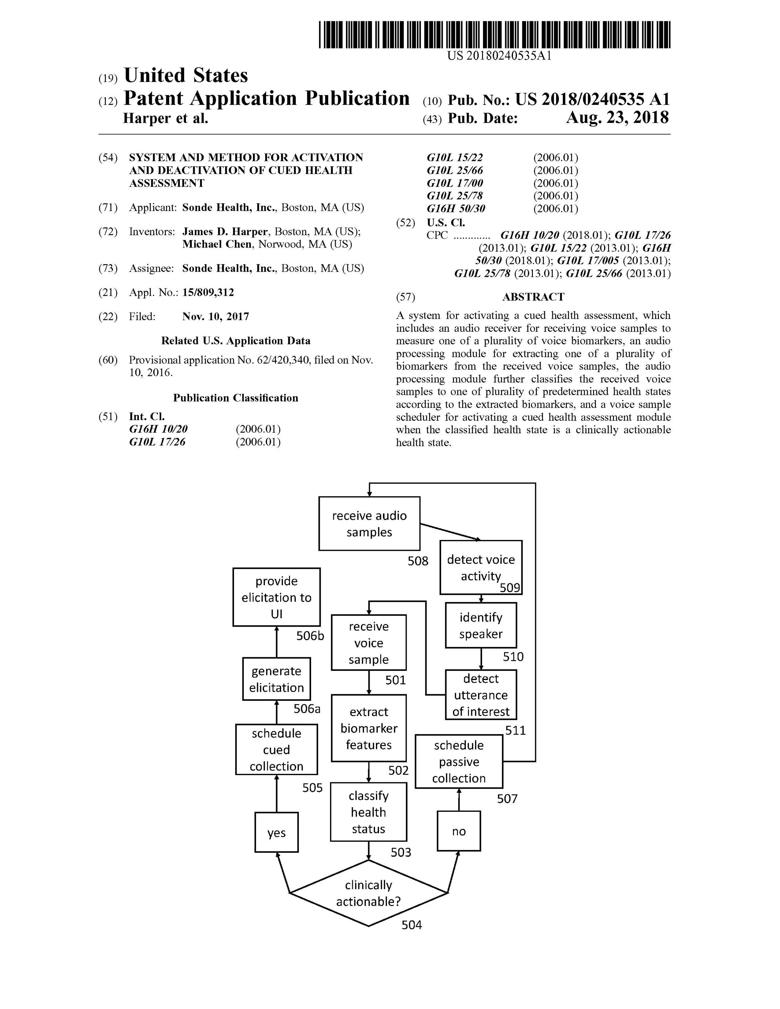 United States Patent #20180240535A1 System and method for activation and deactivation of cued health assessment (Allowed – Issued as of November 12, 2019)