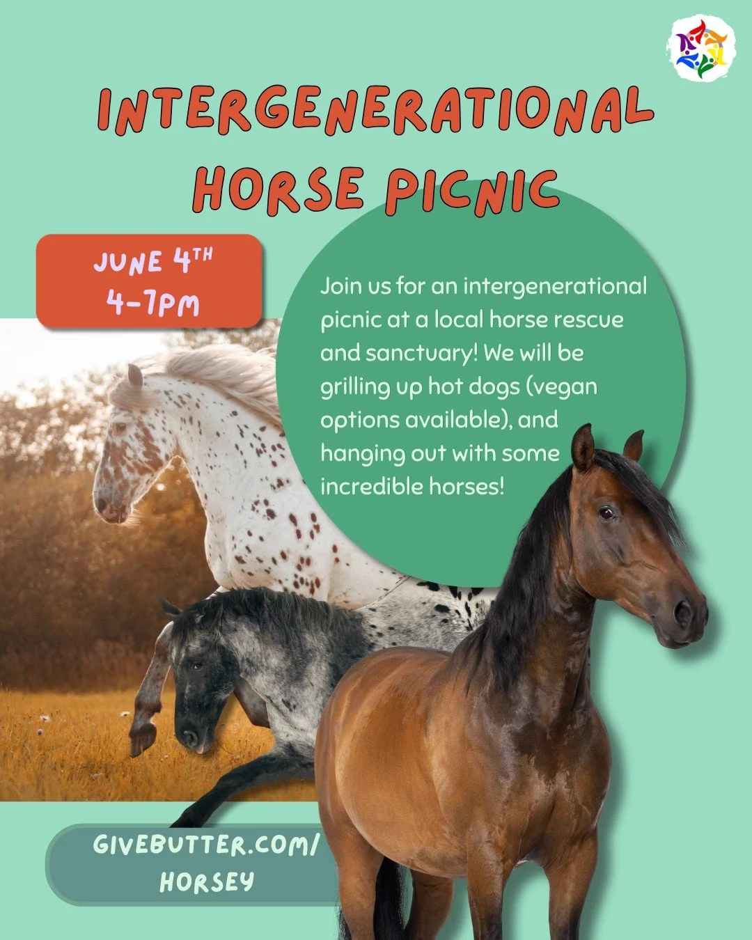 Join us tomorrow, June 4, from 4-7pm for a special Thursday program: an intergenerational picnic at a local horse rescue and sanctuary! We will be grilling up hot dogs (vegan options available), and hanging out with some incredible horses! This is an