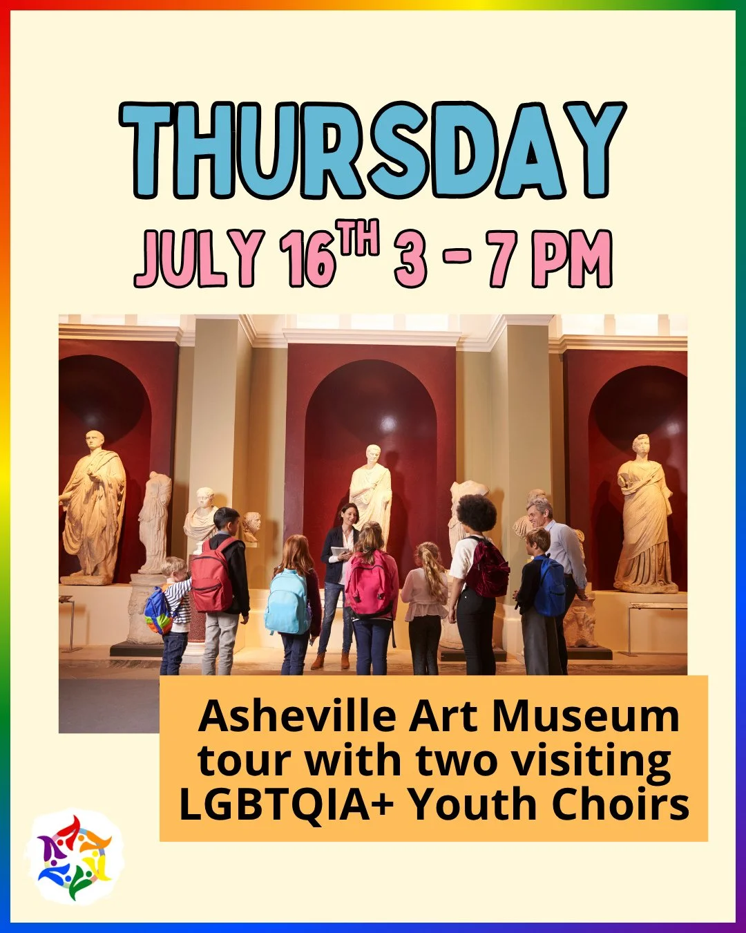 🤪 TODAY: Asheville Art Museum tour with 2 visiting LGBTQIA+ Youth Choirs!⁠
⁠
⏰️ 3 - 7 PM⁠
📍 Asheville Art Museum⁠
➡️ RSVP at givebutter.com/downtownday (or visit the link in bio)