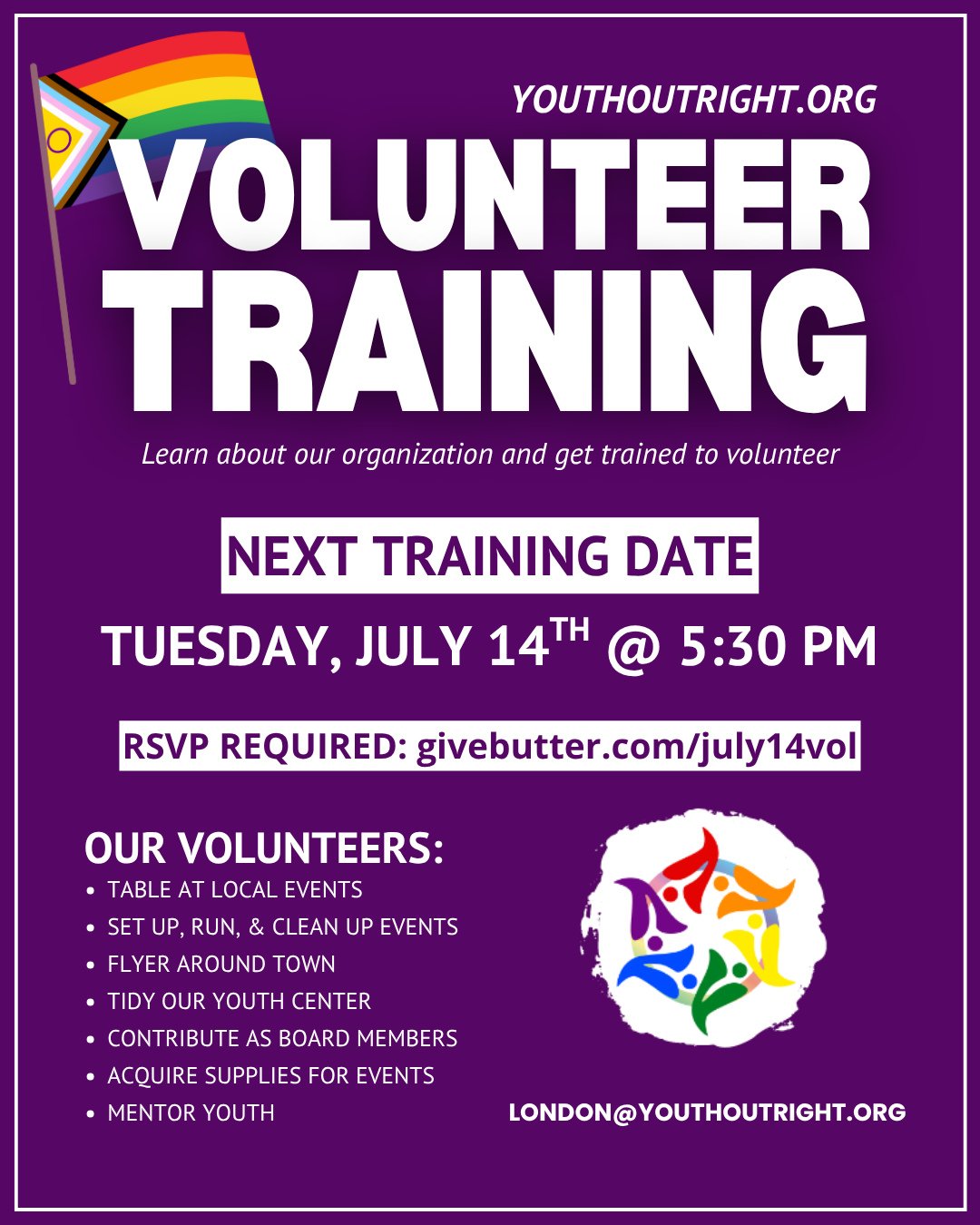 🤝 Volunteer Training Day! Adults 18+ are invited to join the Youth OUTright team on July 14th at 5:30 PM for our in-person Volunteer Training. You'll learn all about our values, programs, roles in the community, and ways you can plug into our work.⁠