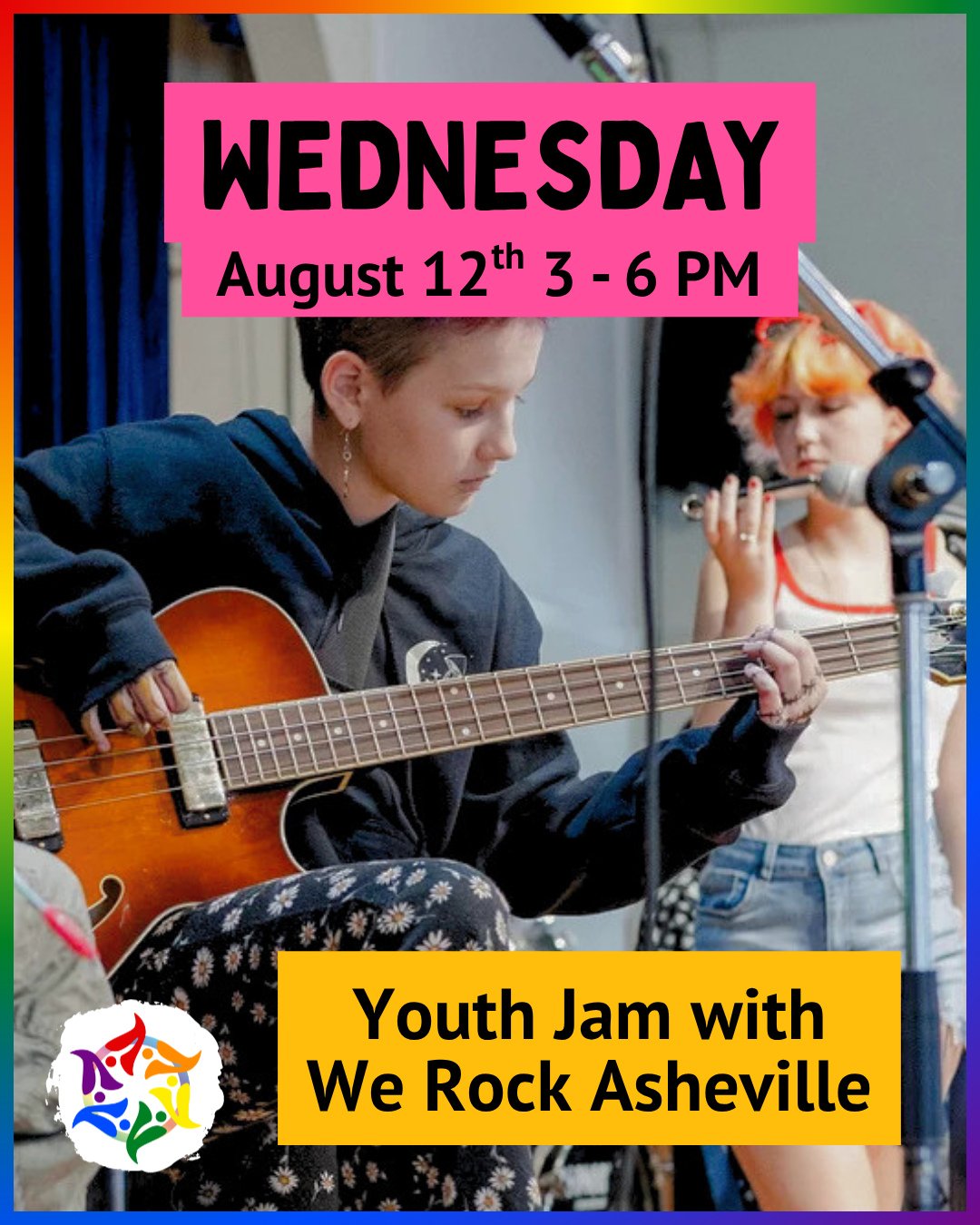 Today: OPEN JAM WITH WE ROCK ASHEVILLE! 🎸 ⭐ RSVP at givebutter.com/openjam or link in bio⁠
⁠
Bring your own instrument, or play one of ours! Open to LGBTQIA+, questioning, and allied youth ages 11-18. No experience needed. Dinner is provided!⁠
⁠
⏰️ 