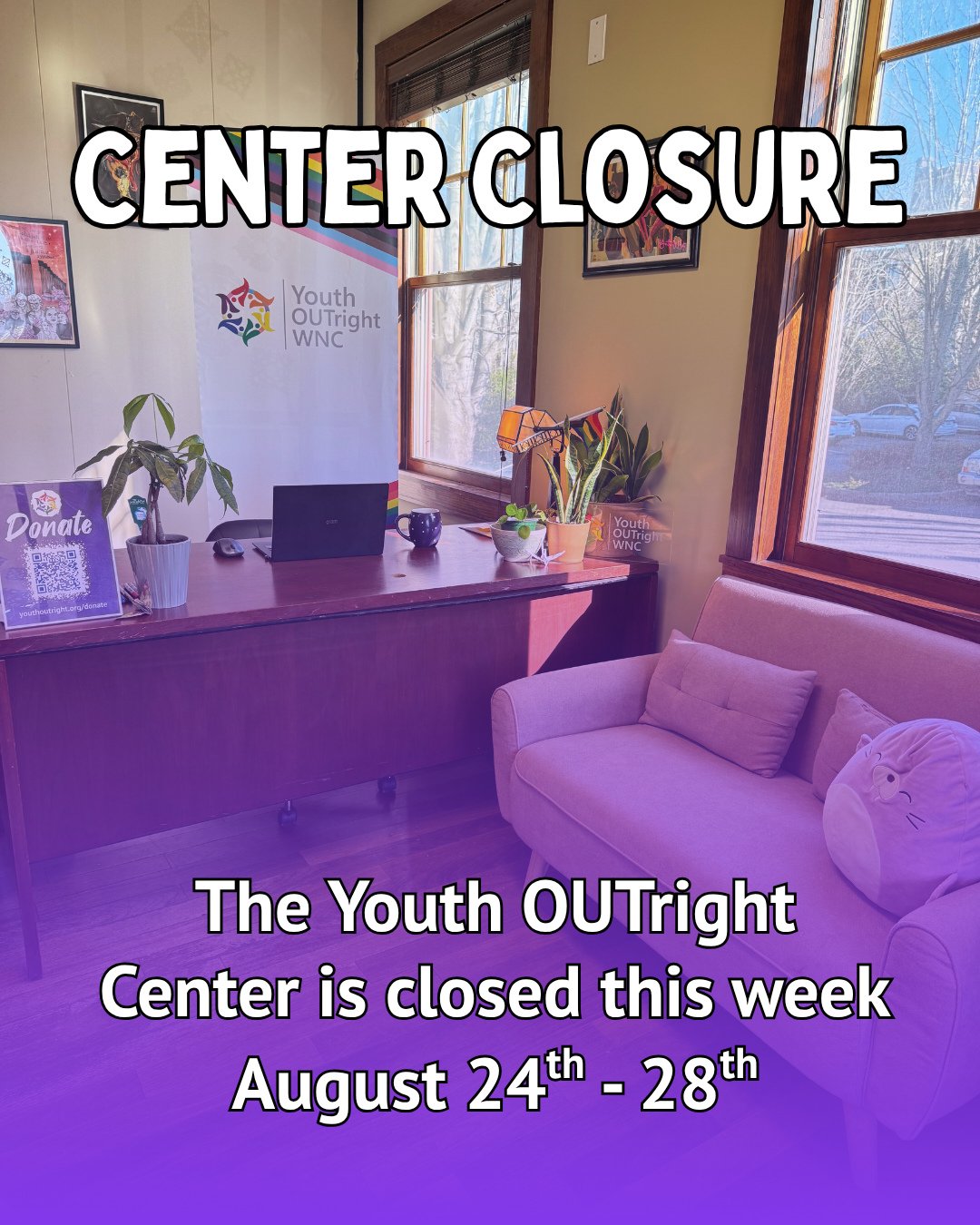 Our Youth Center will be closed August 24th - 28th⁠
⁠
❌️ There is NO drop-in or Weekly Wednesday at our center this week. We'll see you back in the center next week! ✔️⁠
⁠
In the meantime, you can donate to our organization by visiting the link in bi