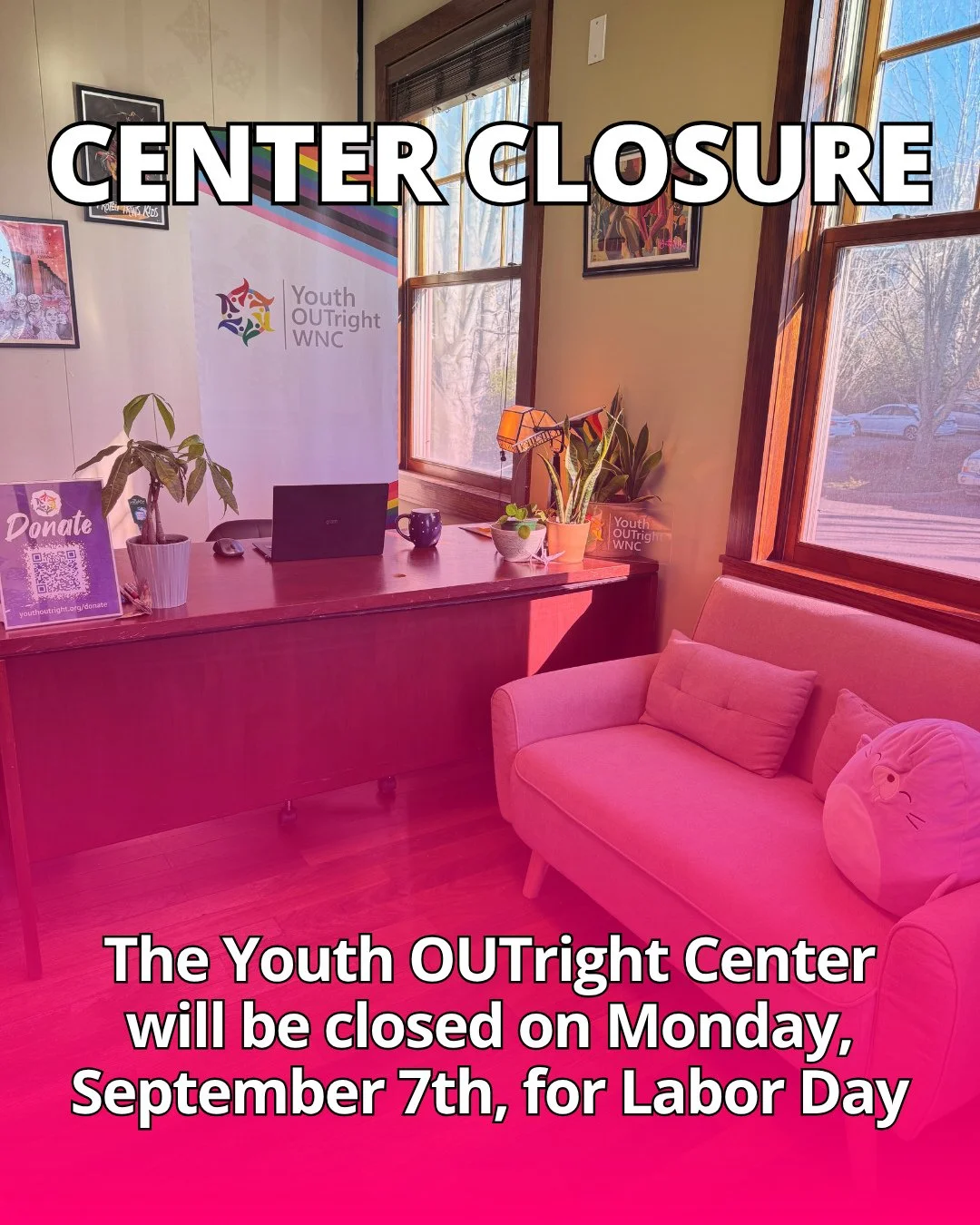 CENTER CLOSURE | The Youth OUTright Center will be closed on Monday, September 7th, for Labor Day. 👩🏽&zwj;🏭👷🏻👩&zwj;💼⁠
⁠
There will be NO drop-in this coming Monday. Please help us spread the word!