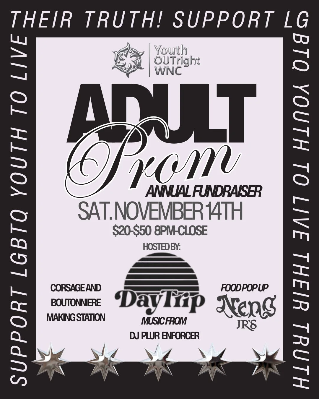 ⭐️ SAVE THE DATE: ADULT PROM - NOVEMBER 14TH AT DAYTRIP!⁠
⁠
Come out for a night of fun(draising) with other queers &amp; allies! 🌈 We want to spend the night dancing, eating, crafting, and getting into gay shenanigans with you. 🕺⁠
⁠
📅 Saturday, N