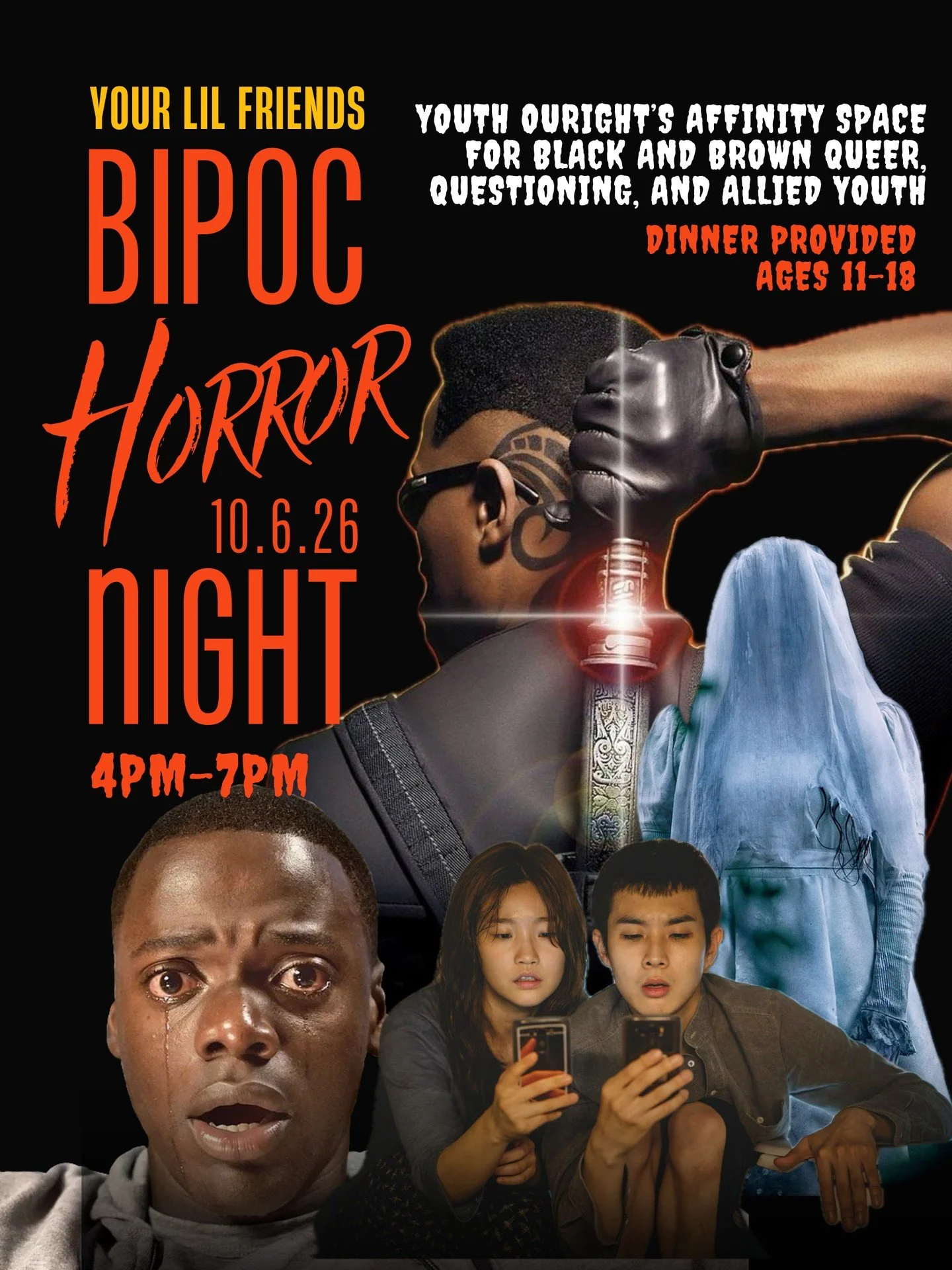 Our next Constellations will be a BIPOC HORROR HANGOUT! 👻⁠
✅️ RSVP at givebutter.com/bipochorrorhangout or visit the link in bio. ⁠
⁠
Join us at our youth center on Thursday, October 6th from 4:00 - 7:00 PM!⁠
⁠
🍔 Free dinner provided, and our addre
