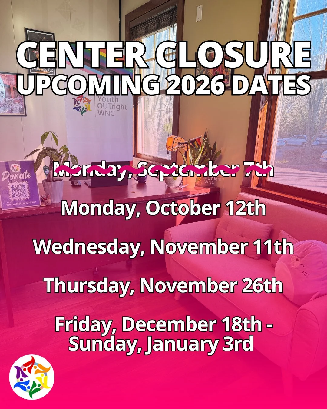⛔️ UPCOMING CENTER CLOSURES - Help us spread the word!⁠
⁠
▪️ Monday, October 12th⁠
▪️ Wednesday, November 11th⁠
▪️ Thursday, November 26th⁠
▪️ Friday, December 18th - January 3rd⁠
⁠
There may be additional center closures due to inclement weather, so