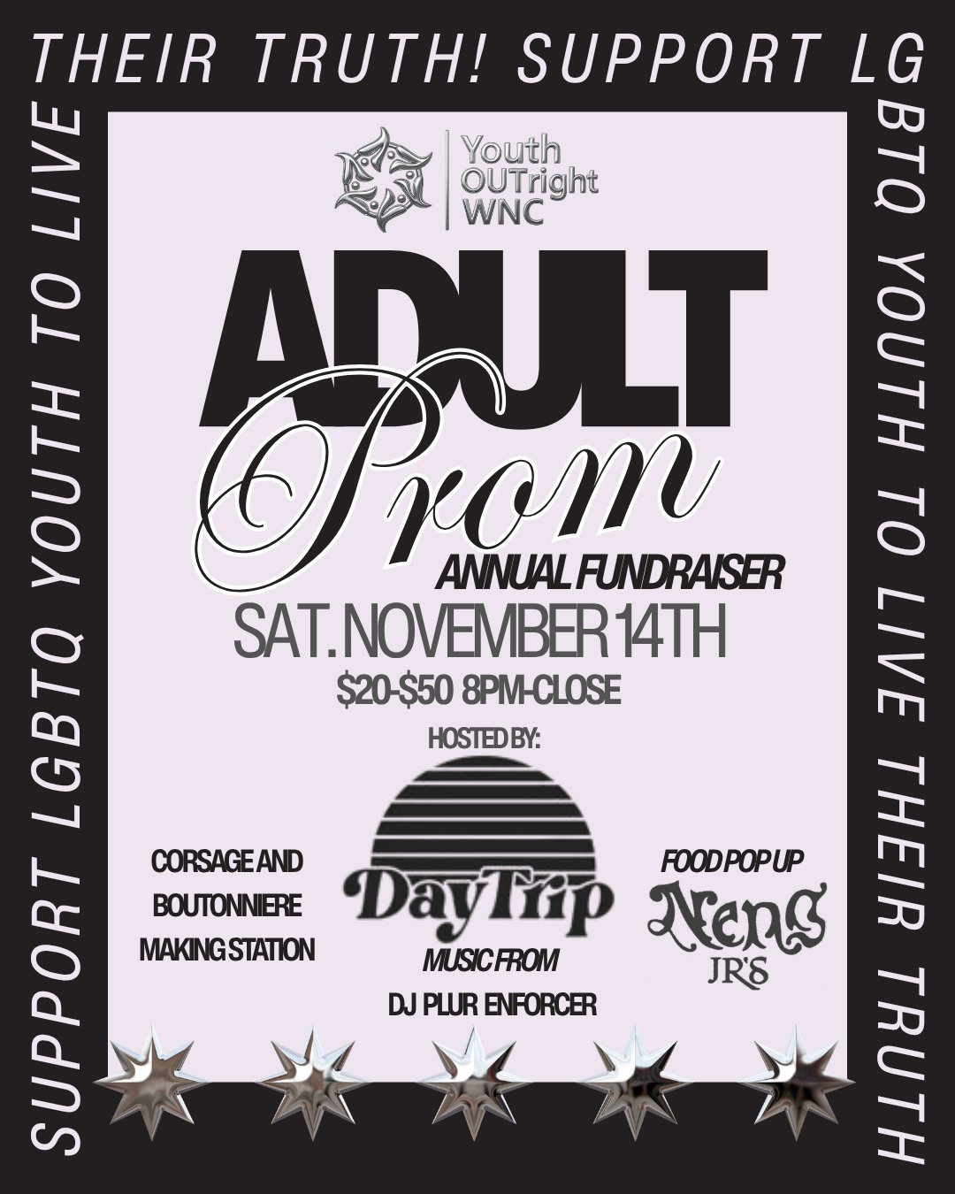 ⭐️ SAVE THE DATE: ADULT PROM - NOVEMBER 14TH AT DAYTRIP!⁠
⁠
Come out for a night of fun(draising) with other queers &amp; allies! 🌈 We want to spend the night dancing, eating, crafting, and getting into gay shenanigans with you. 🕺⁠
⁠
📅 Saturday, N