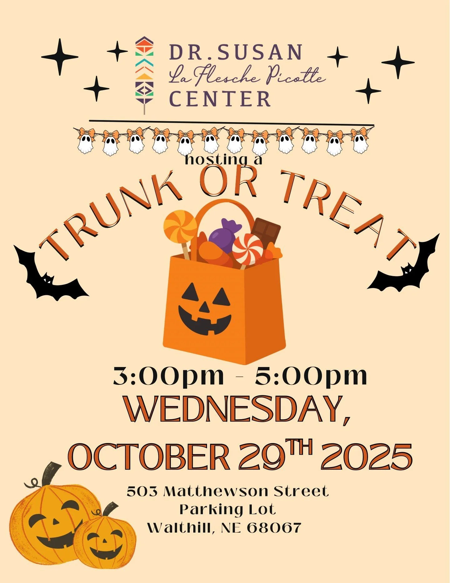 We’d love to welcome you this afternoon for our Trunk or Treat at the Dr. Susan La Flesche Picotte Center!
Join us for a fun, family-friendly Halloween event filled with treats, smiles, and community spirit. 🎃
📅 Wednesday, October 29
🕒 3:0