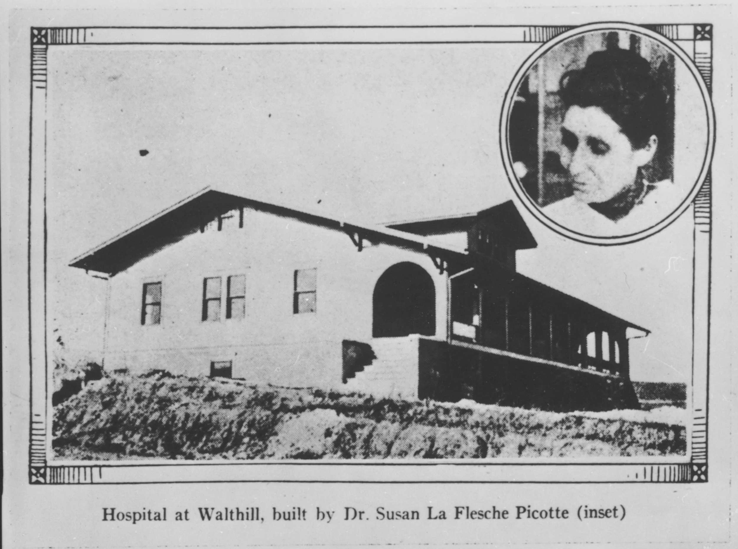Black and white image of the exterior of the Dr. Susan La Flesche Picotte's hospital from the past
