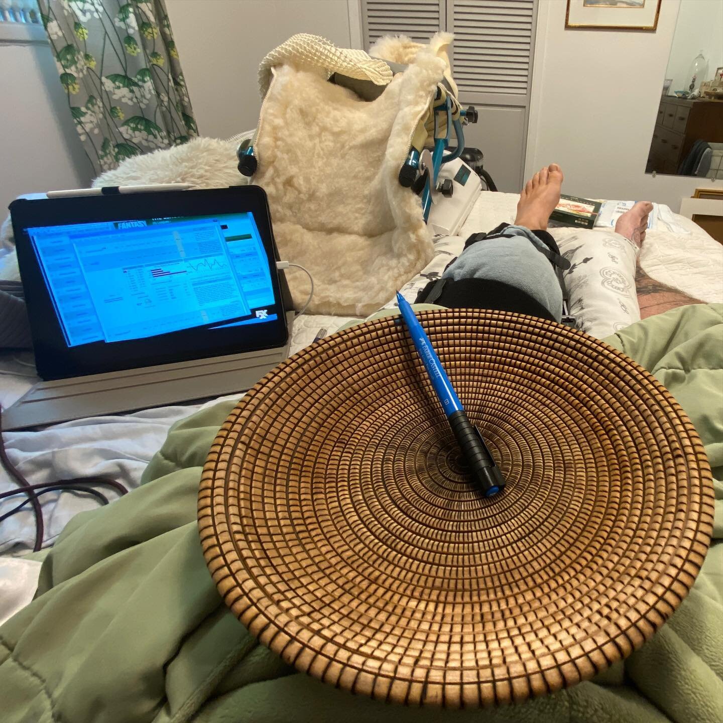 Laid up for a while after having major knee surgery. Thankfully I have a beautiful, lovely stay at home nurse (my wife) and a handful of fun projects to keep my woodworking mind busy. This will be an awesome basket illusion bowl that the wife helped 