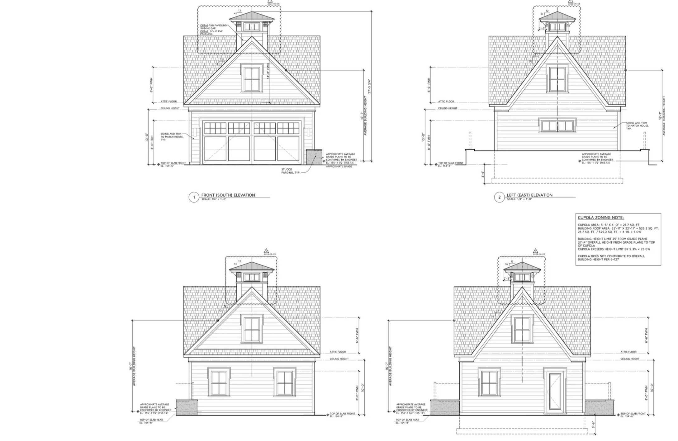 Architectural blueprint of a house, showing front and side elevations with measurements and construction notes.