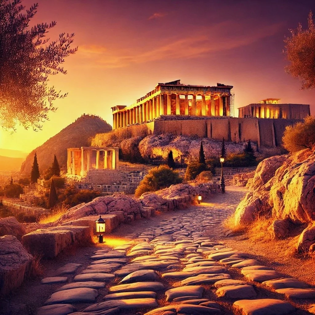 DALL·E 2025-01-15 09.57.12 - A scenic view of the Acropolis in Athens during sunset, with golden sunlight illuminating the Parthenon and the surrounding rocky hill. The foreground.jpeg