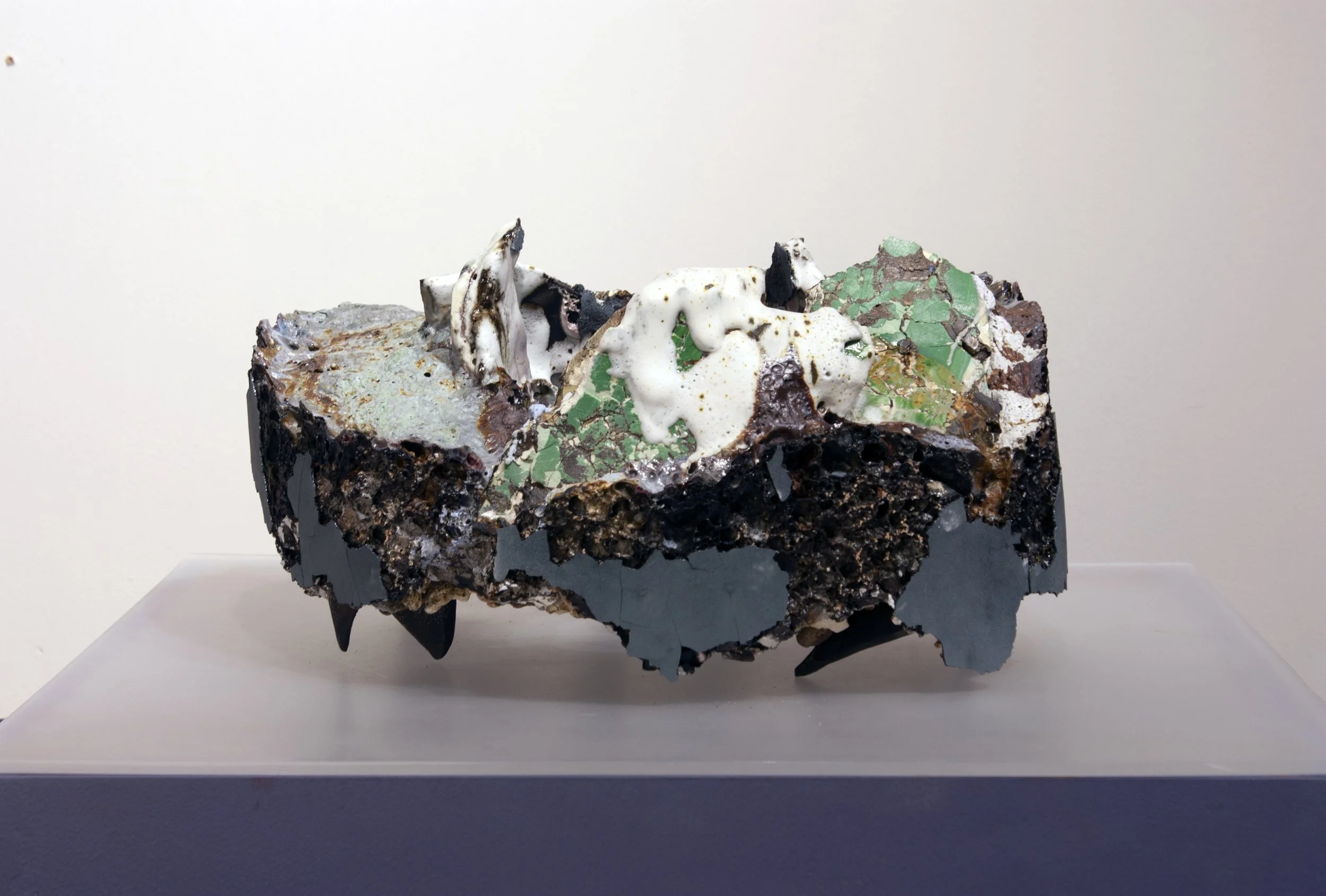 "Blush," 2021-22. Stone, steel, clay, glaze, and gravel.