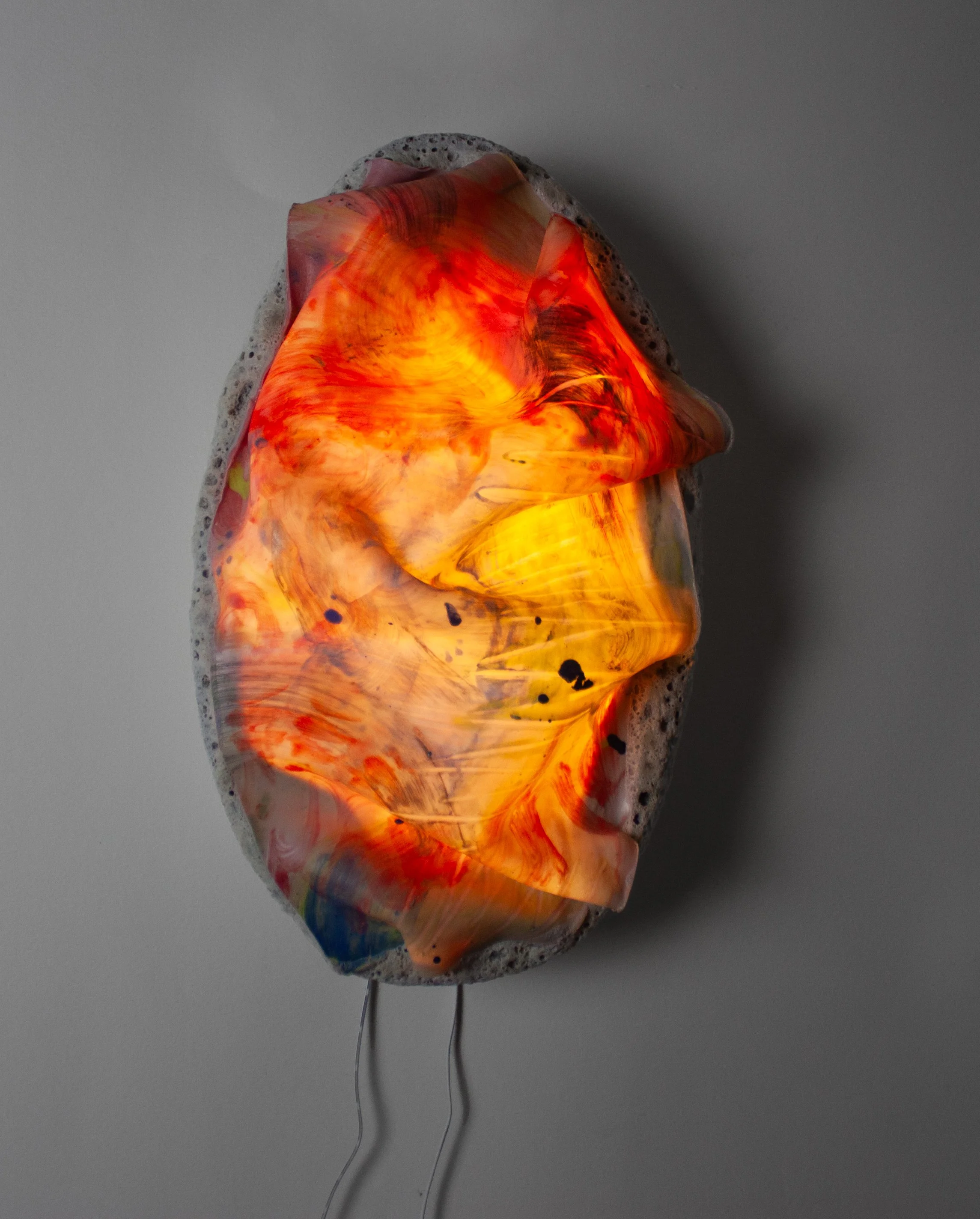 Radiant Aberrance 11, 2025. Translucent porcelain, stoneware, glaze, lighting. 