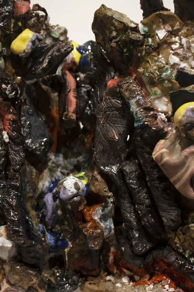 "Angry Strata" 2021-22. Press-molded recycled stoneware, steel shards, gravel, glaze, and found bisque.