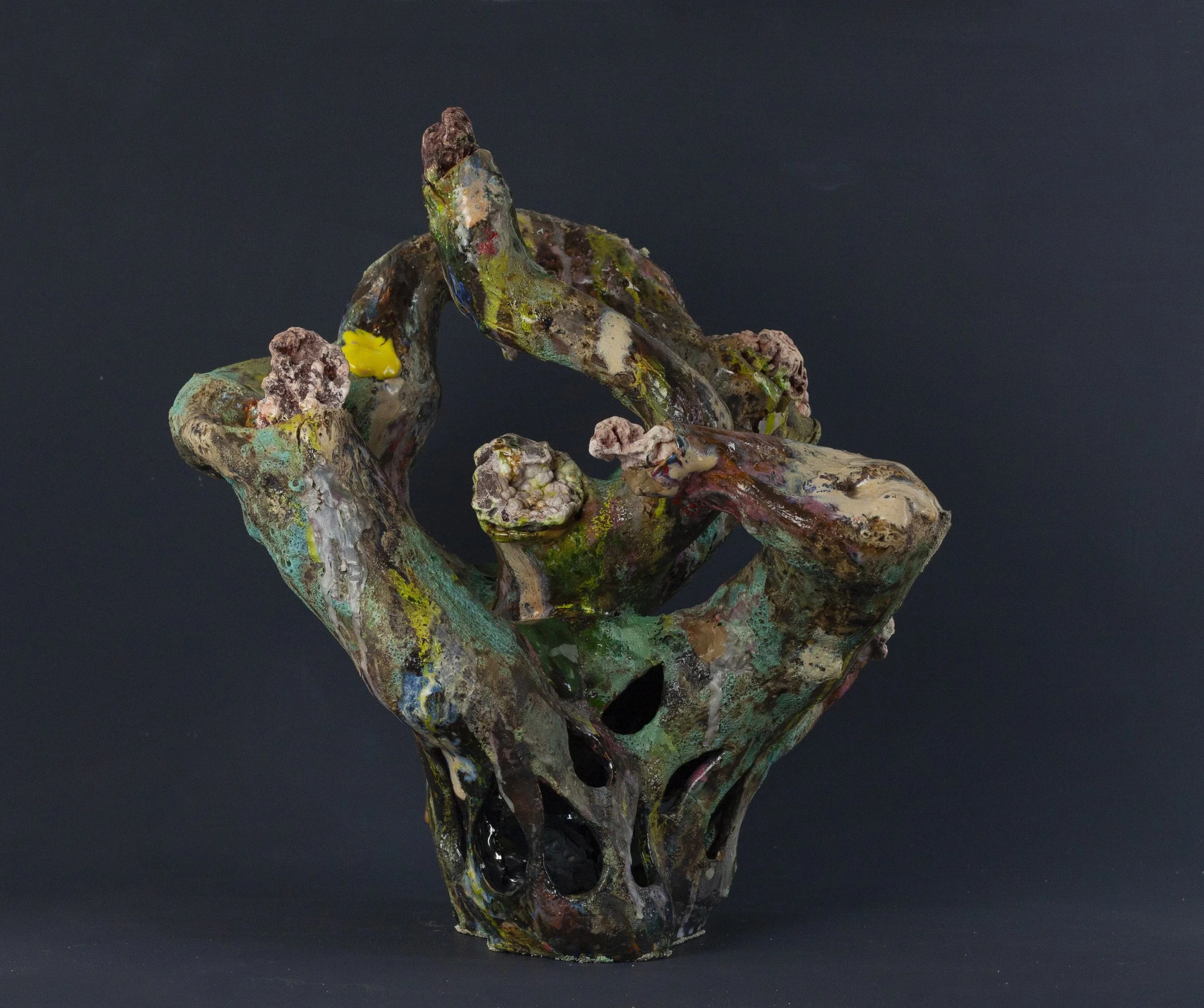 "thing with horns,” 2023-24. 20" x 18" x 15". Ozark stone, steel shards, clay, HTX slip, glaze, underglaze.