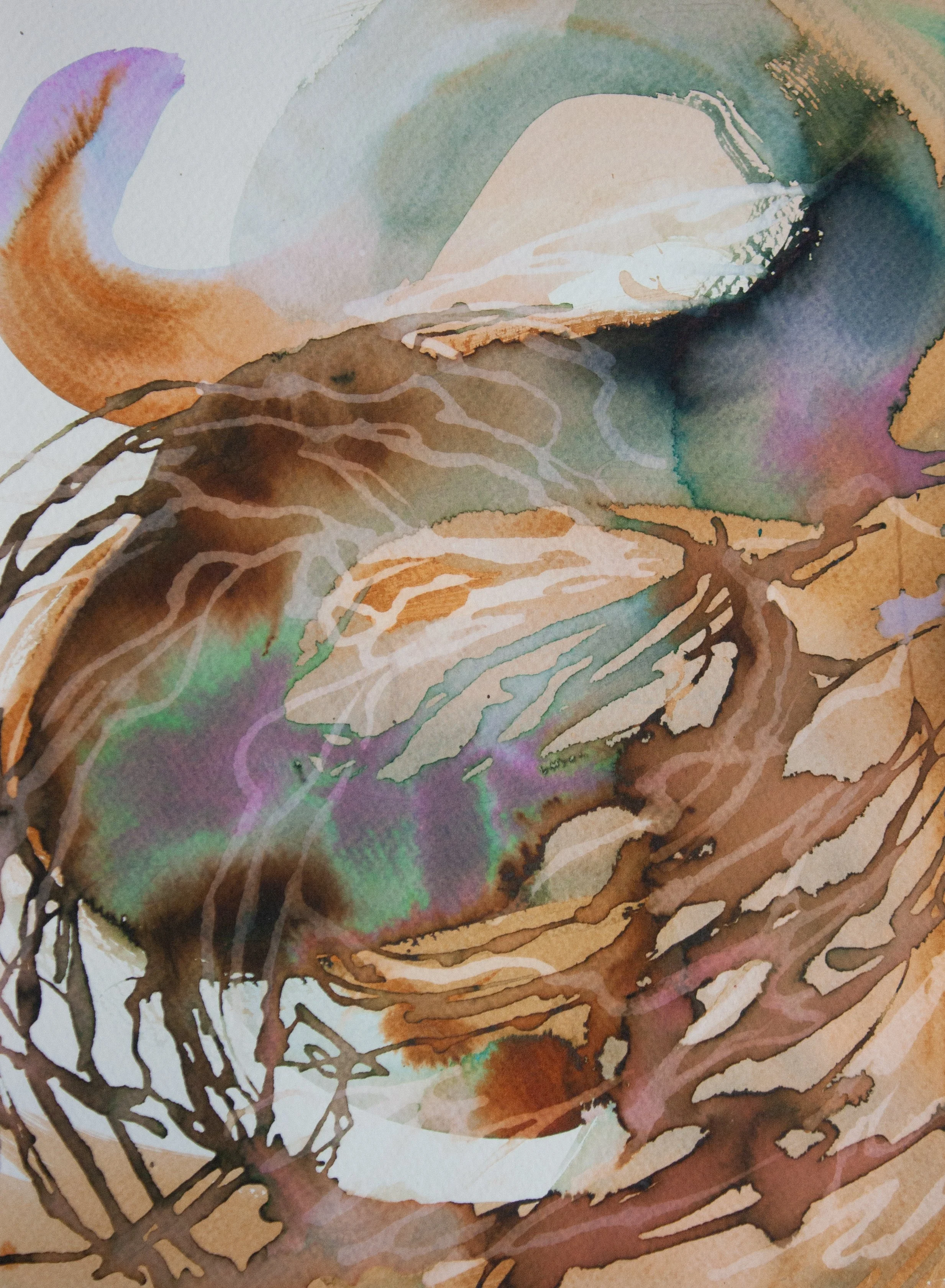Breath study while observing roots 1, 2025. Ink and water on paper. 9x12 inches.